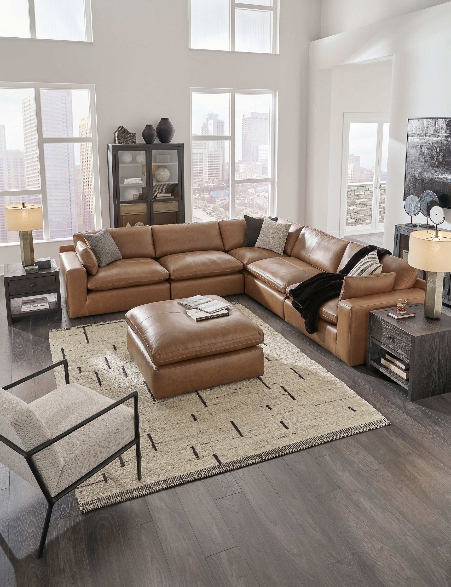 Emilia Caramel Leather 5pc Modular Sectional and Ottoman - Ornate Home