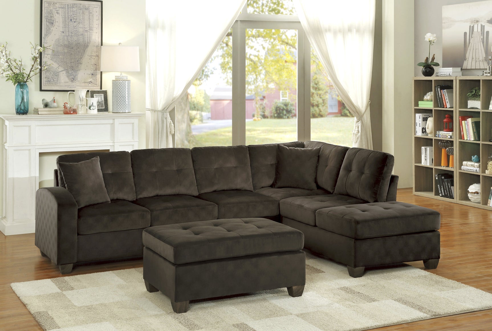 Emilio Chocolate 3-Piece Reversible Sectional Ottoman - Ornate Home