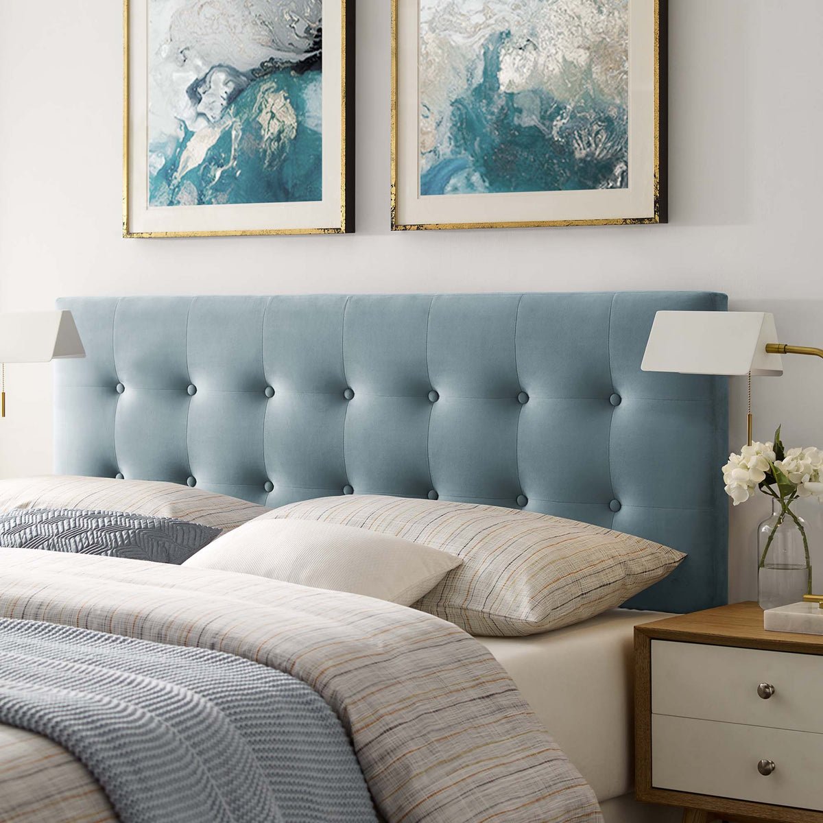 Emily Light Blue Biscuit Tufted Performance Velvet Queen Headboard - Ornate Home