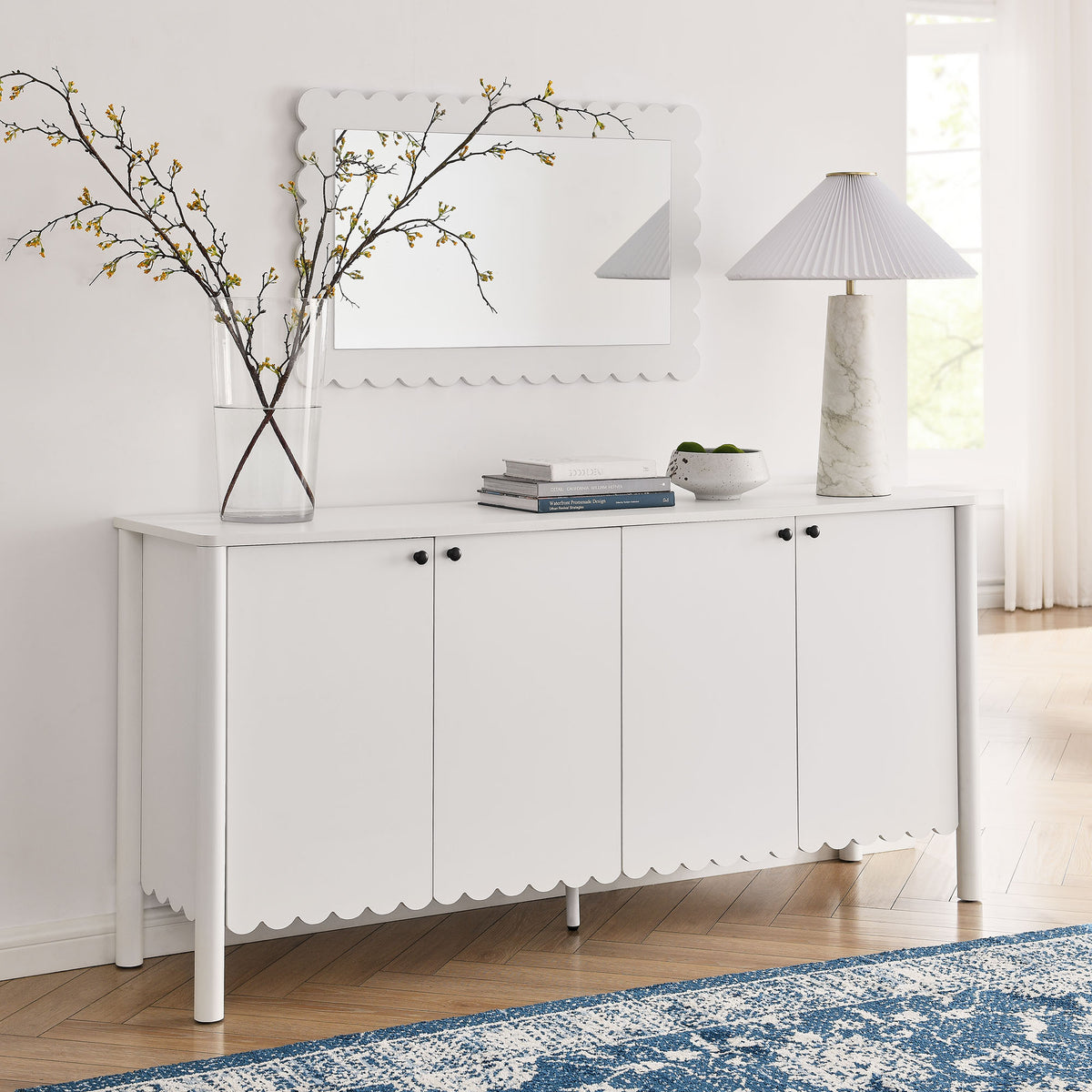 Emmeline White 66" 4-Door Scalloped Sideboard Cabinet - Ornate Home