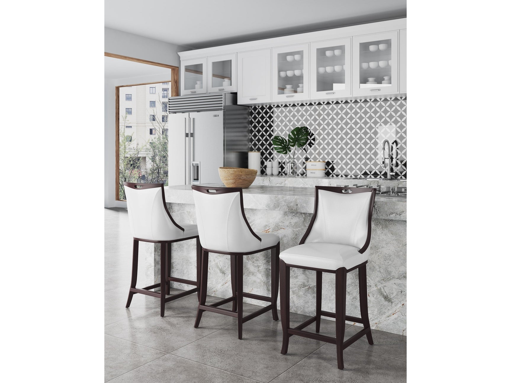Emperor Bar Stool in Pearl White and Walnut (Set of 3) - Ornate Home