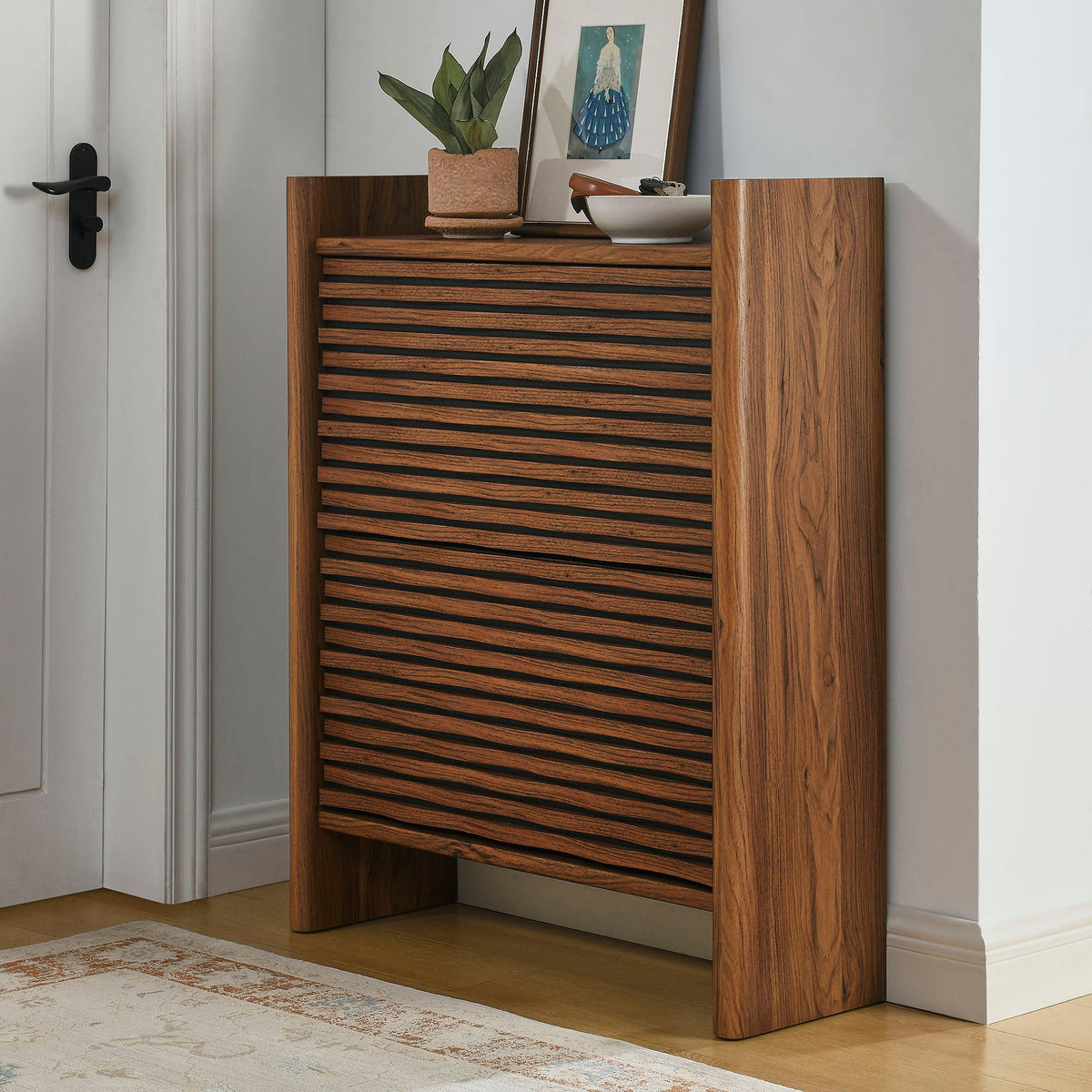 Emric Walnut Wave Shoe Cabinet - Ornate Home