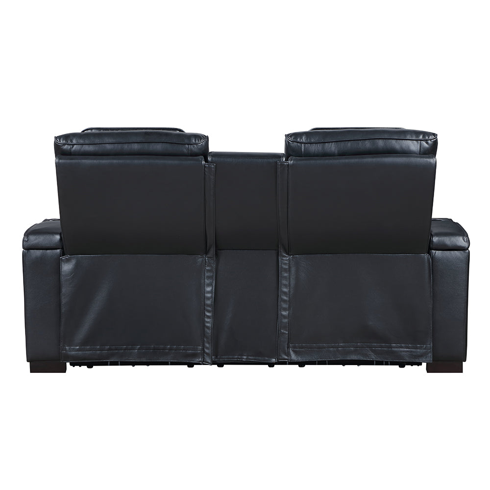 Ephron Black Power Motion Loveseat w/ Console, Power Headrests, LED & Speakers - Ornate Home