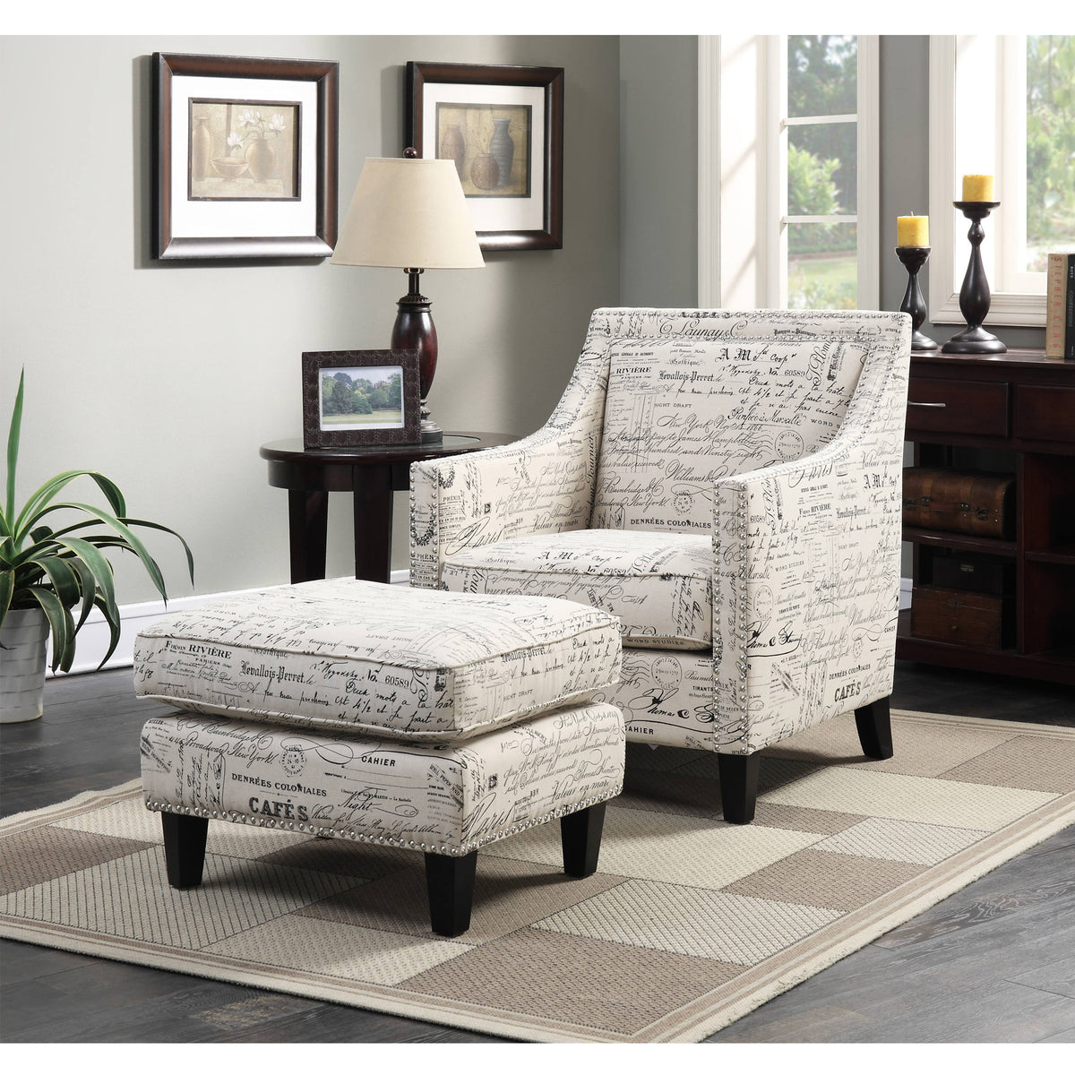 Erica French Script Ottoman with Chrome Nails - Ornate Home