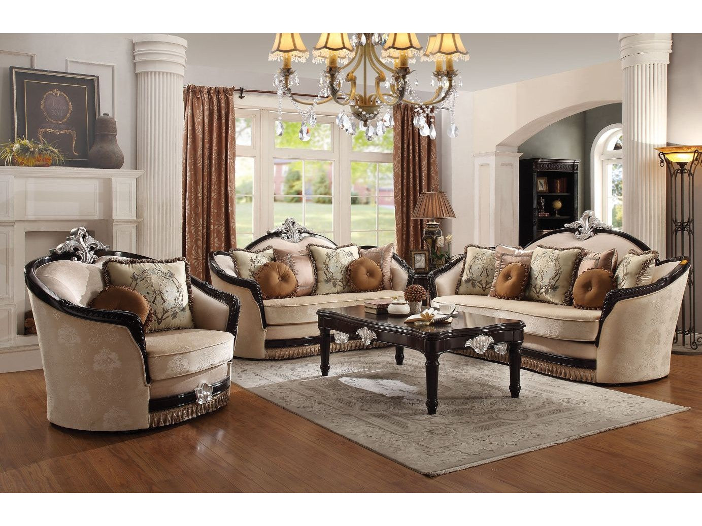 Ernestine Sofa with 7 Pillows in Tan and Black - Ornate Home