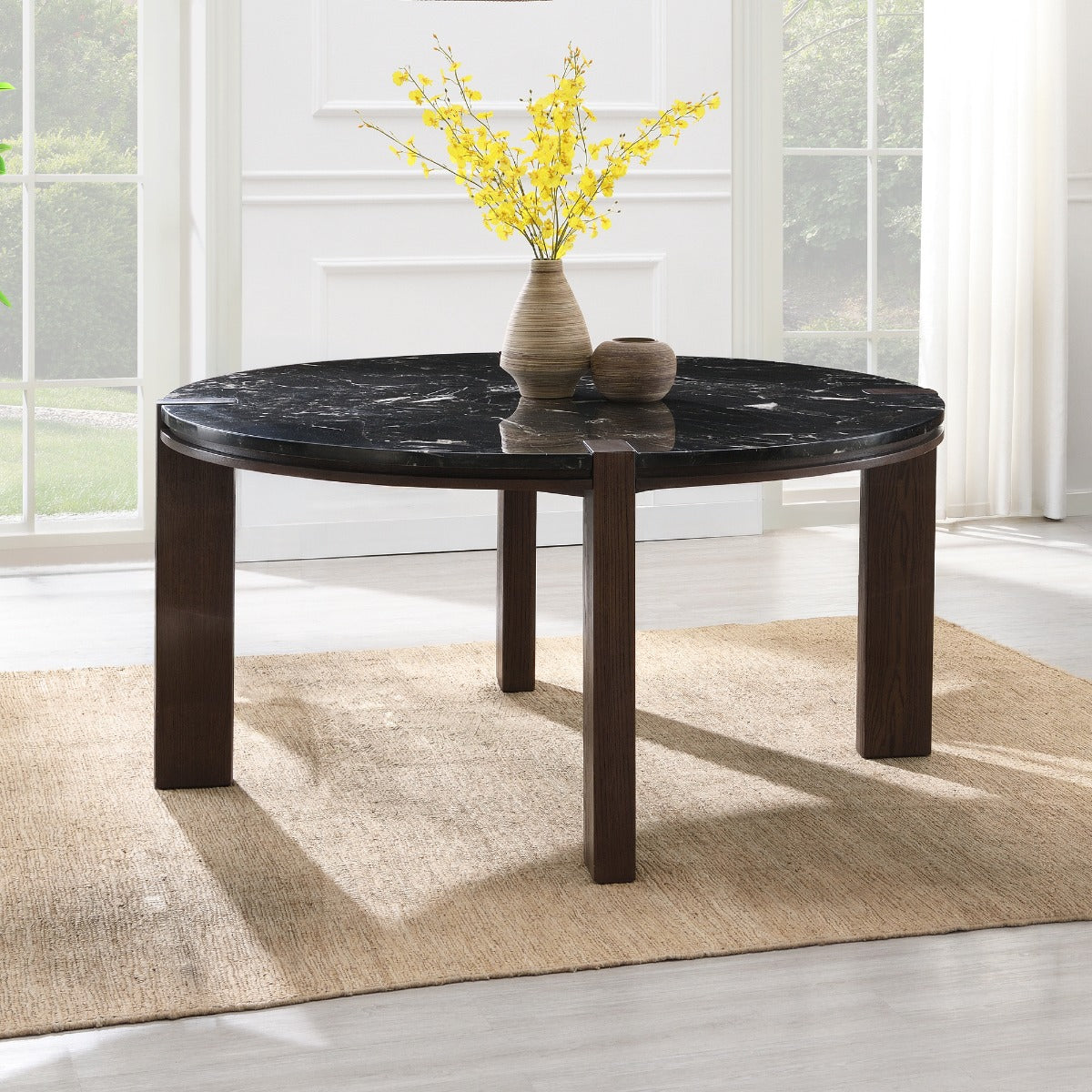 Estella Black/Walnut Round Dining Table w/Marble Top - Ornate Home