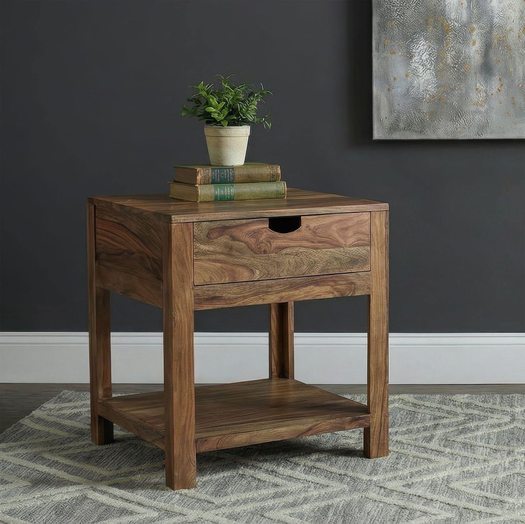 Esther Natural Sheesham 1-drawer Solid Wood Side End Table - Ornate Home