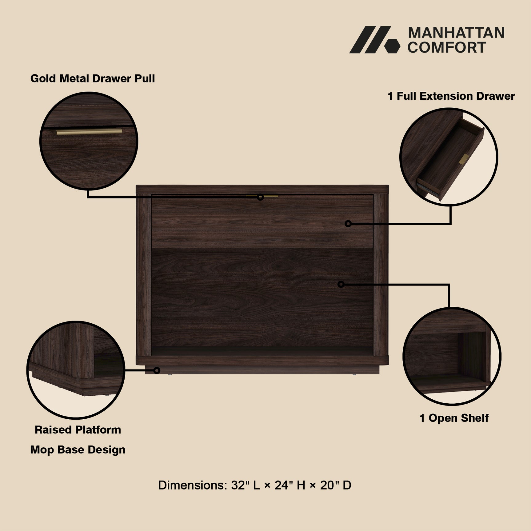 Evelyn 32" Nightstand 2.0 in Brown (set of 2) - Ornate Home