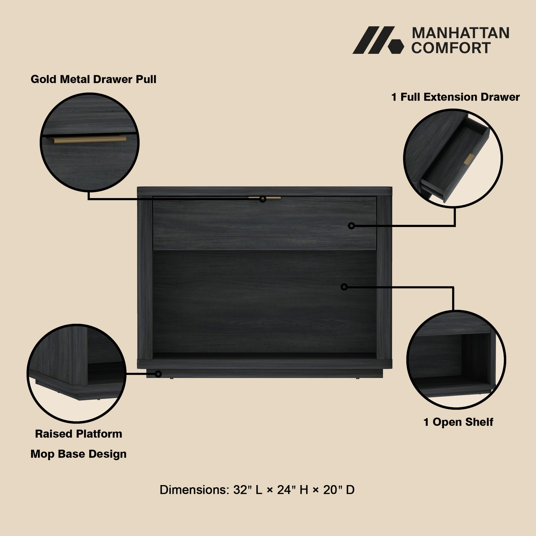 Evelyn 32" Nightstand 2.0 in Charcoal Grey (set of 2) - Ornate Home