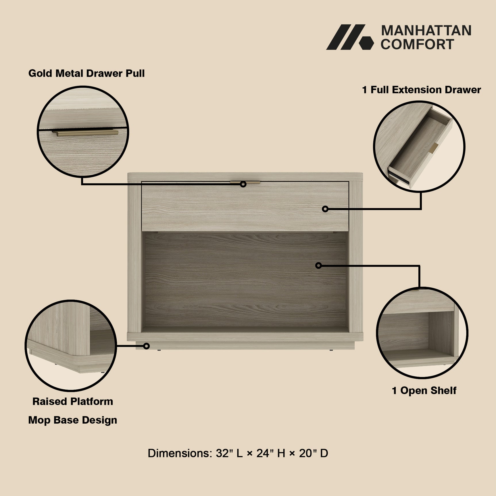 Evelyn 32" Nightstand 2.0 in Natural - Ornate Home