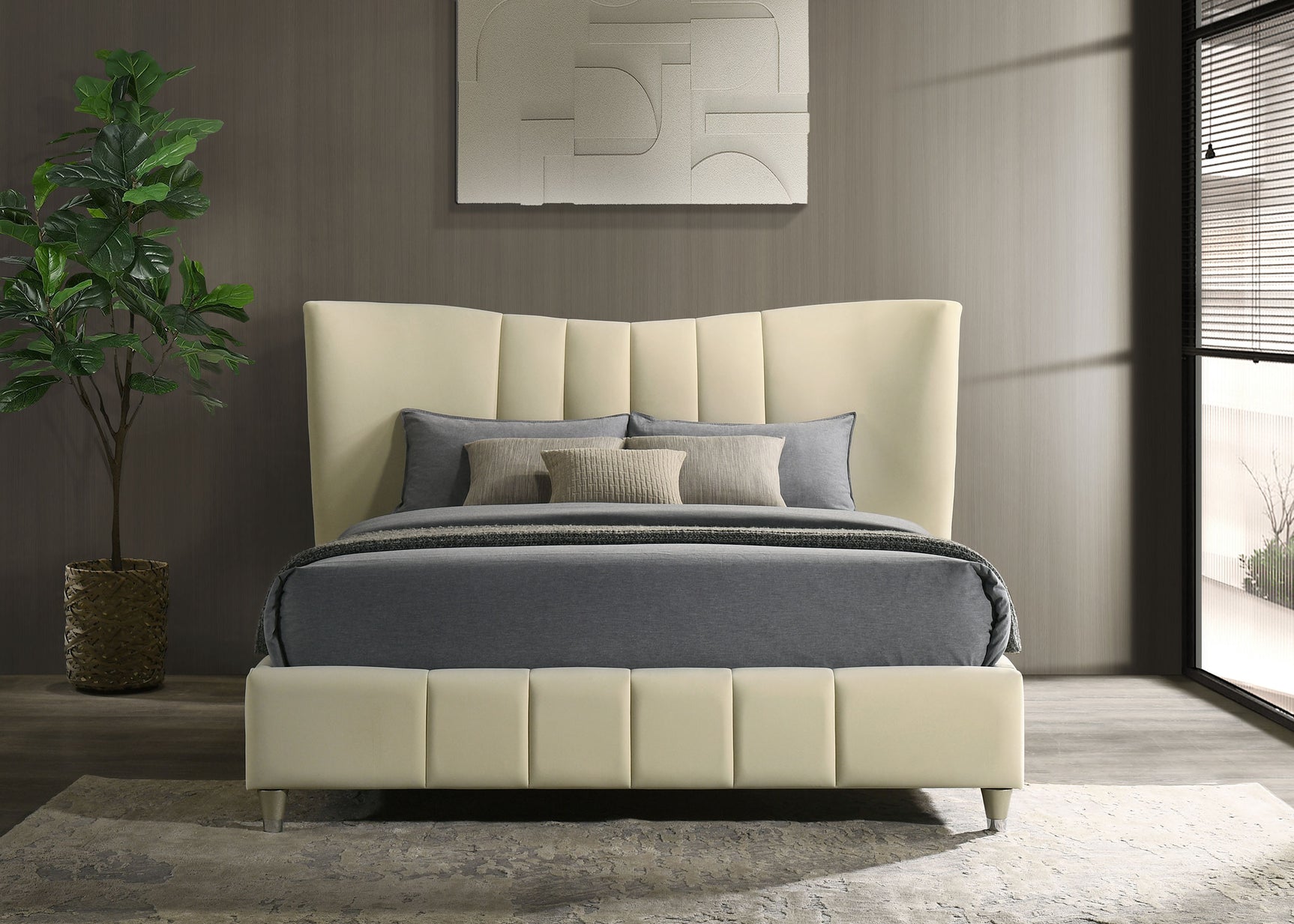 Evelyn Ivory Upholstered Queen Panel Platform Bed - Ornate Home