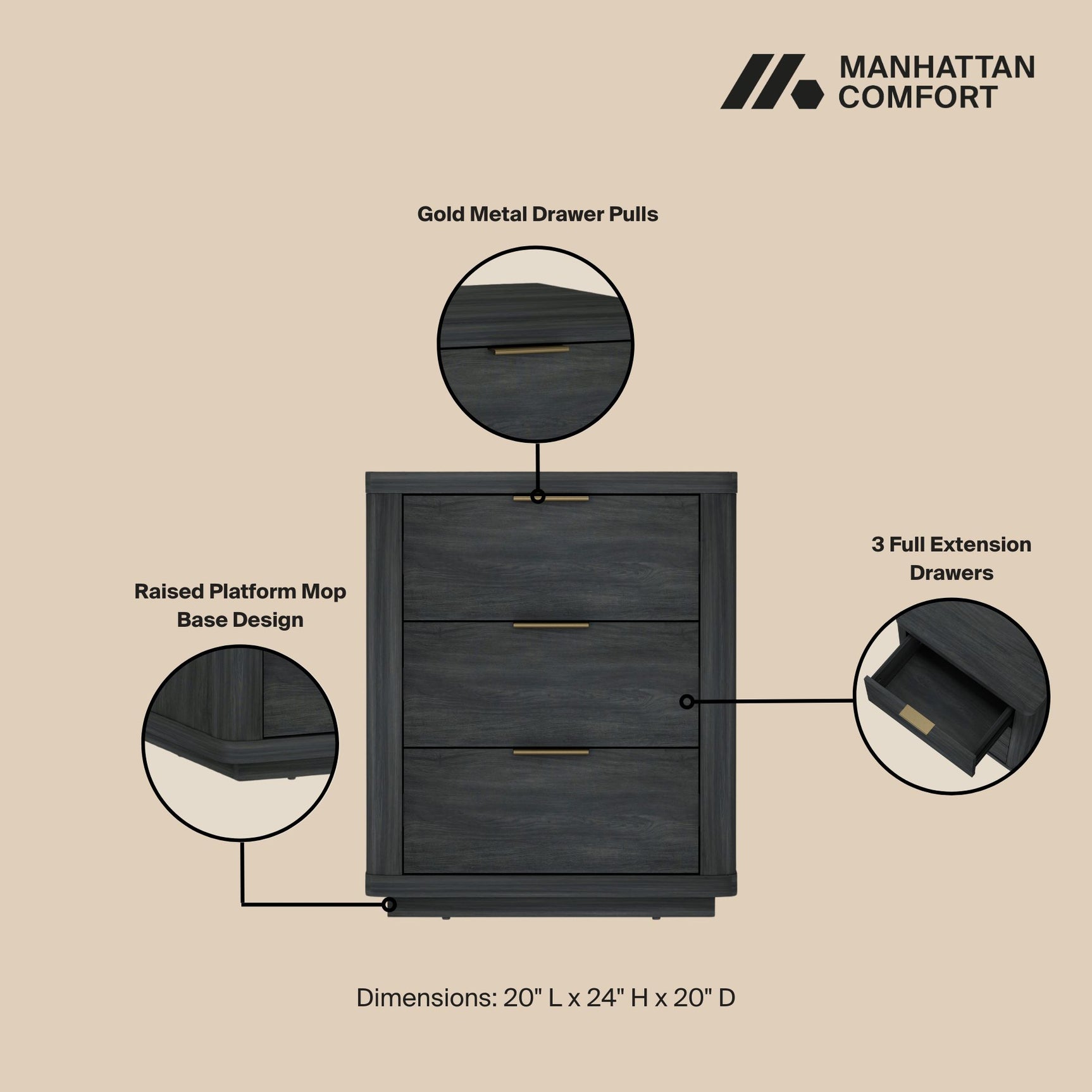 Evelyn Nightstand in Charcoal Grey (set of 2) - Ornate Home