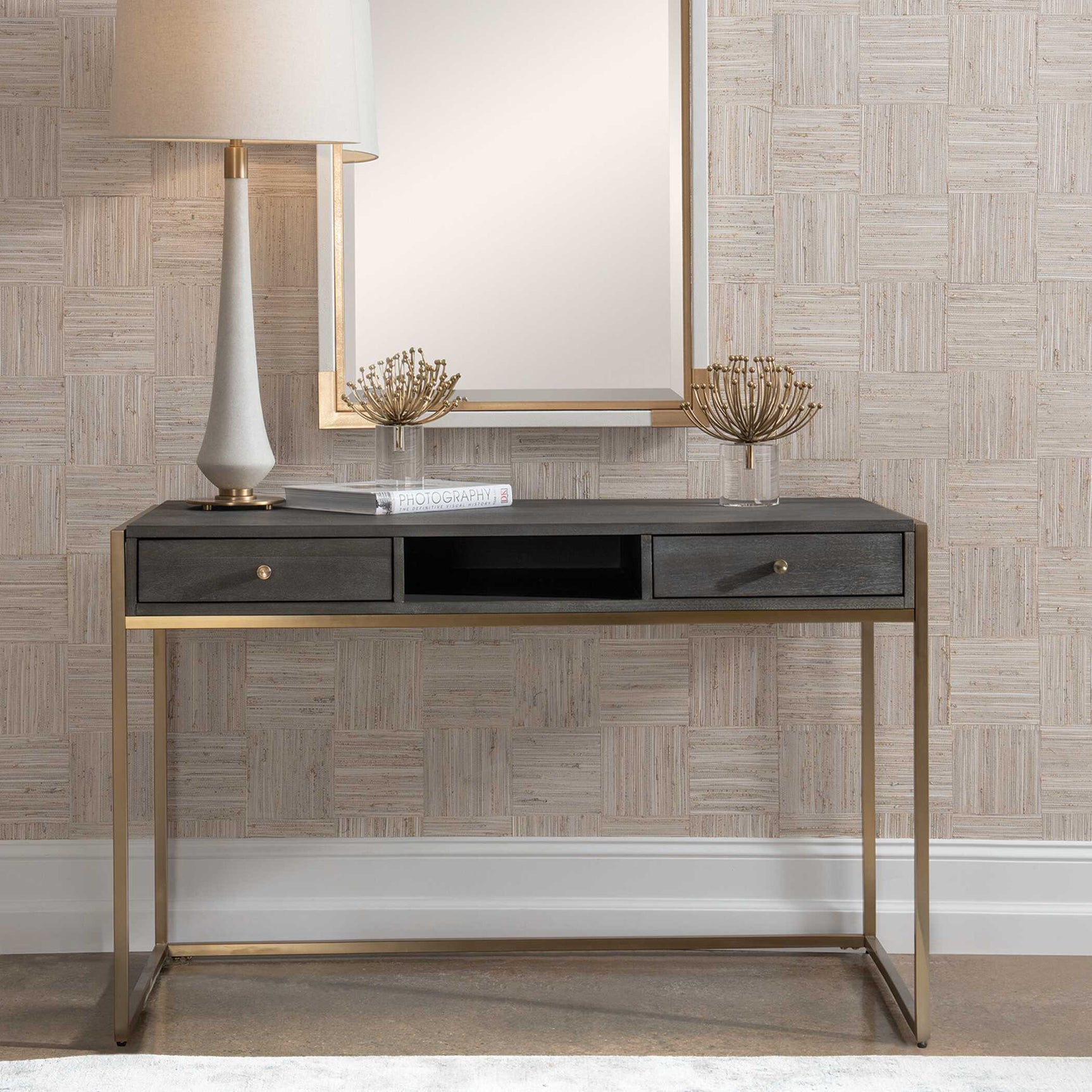 Taja Brass/Woodtone Modern Writing Desk