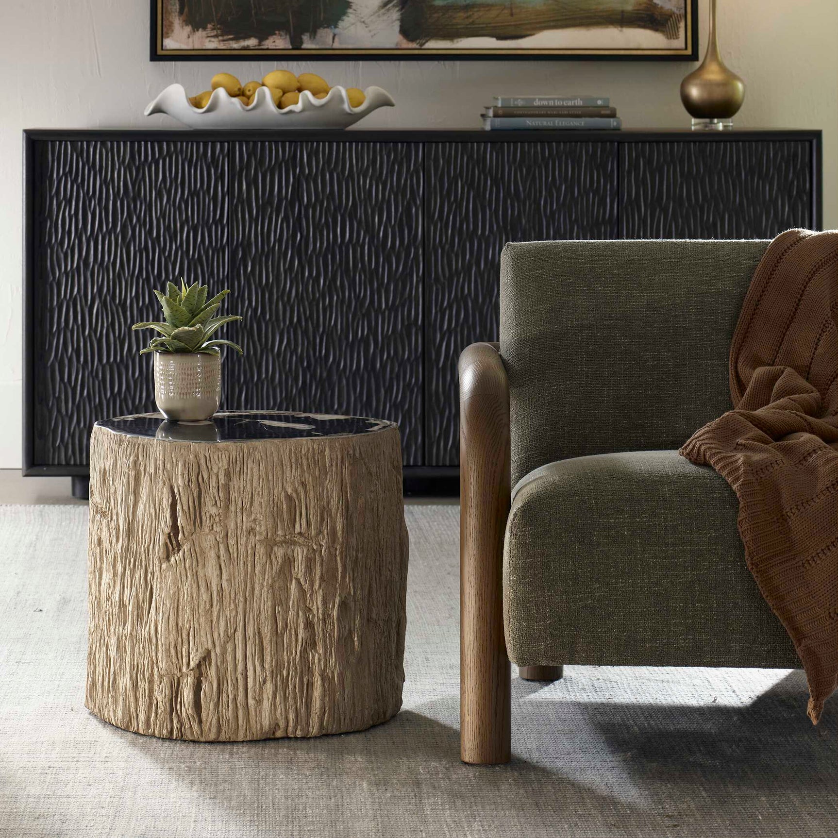 Arco Black/White Petrified Wood Top Accent Table