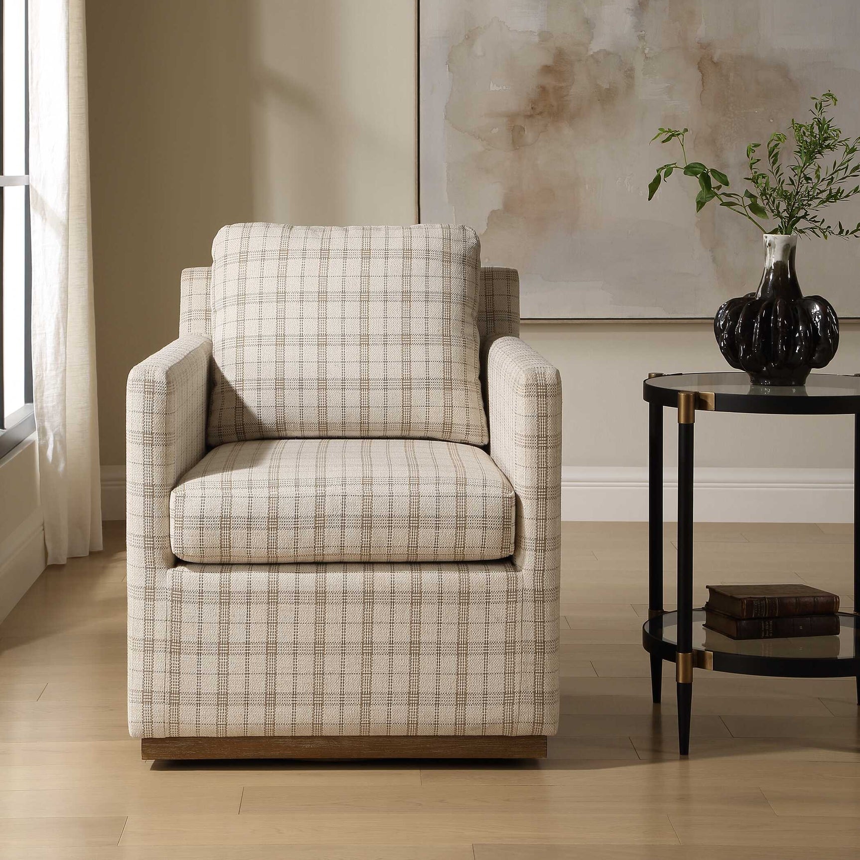Basie White Casual Linen Swivel Chair