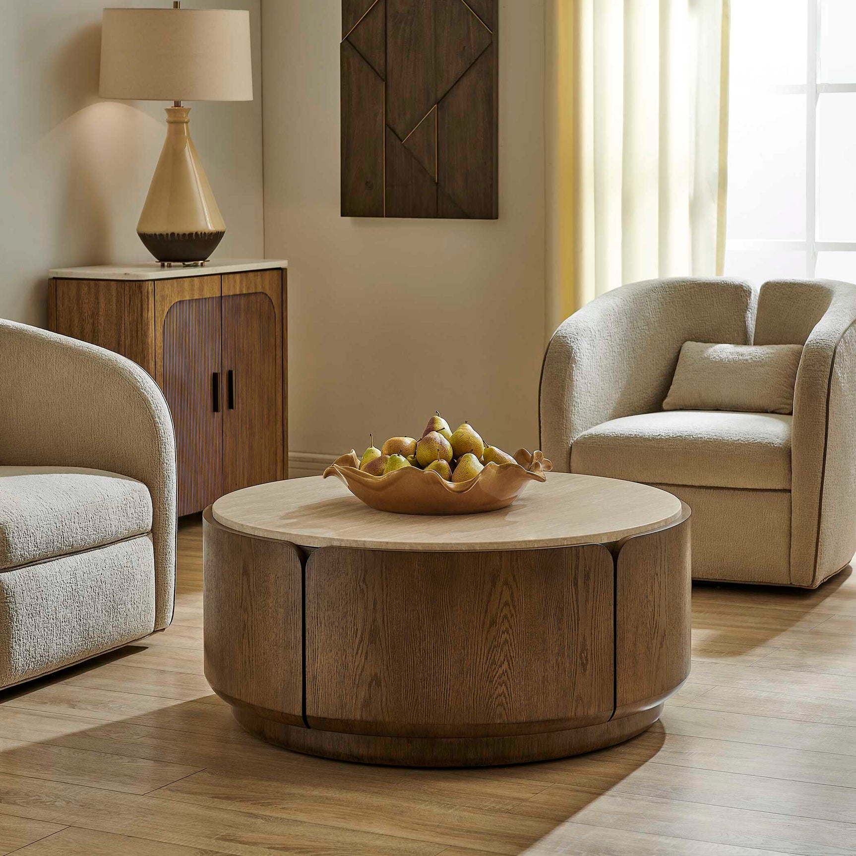 Tindall Brown/White/Woodtone Round Travertine Coffee Table