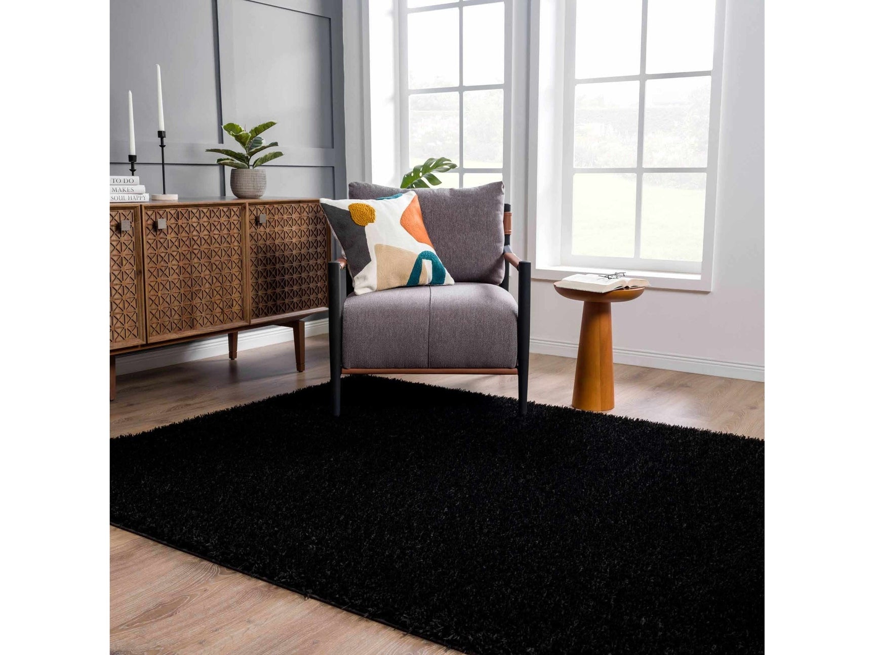 Faina Solid Black Shag Rug Washable - Ornate Home