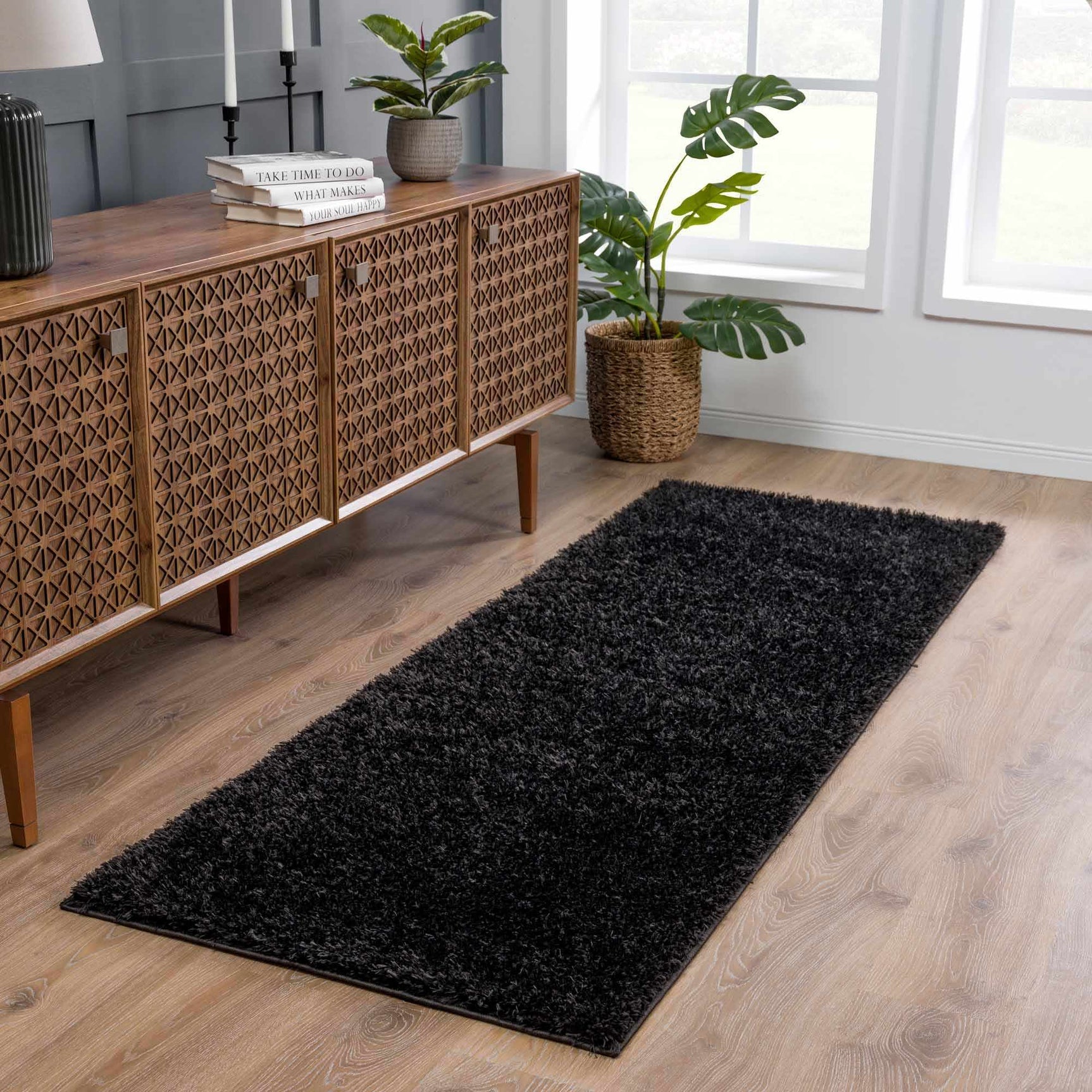 Faina Solid Black Shag Rug Washable - Ornate Home