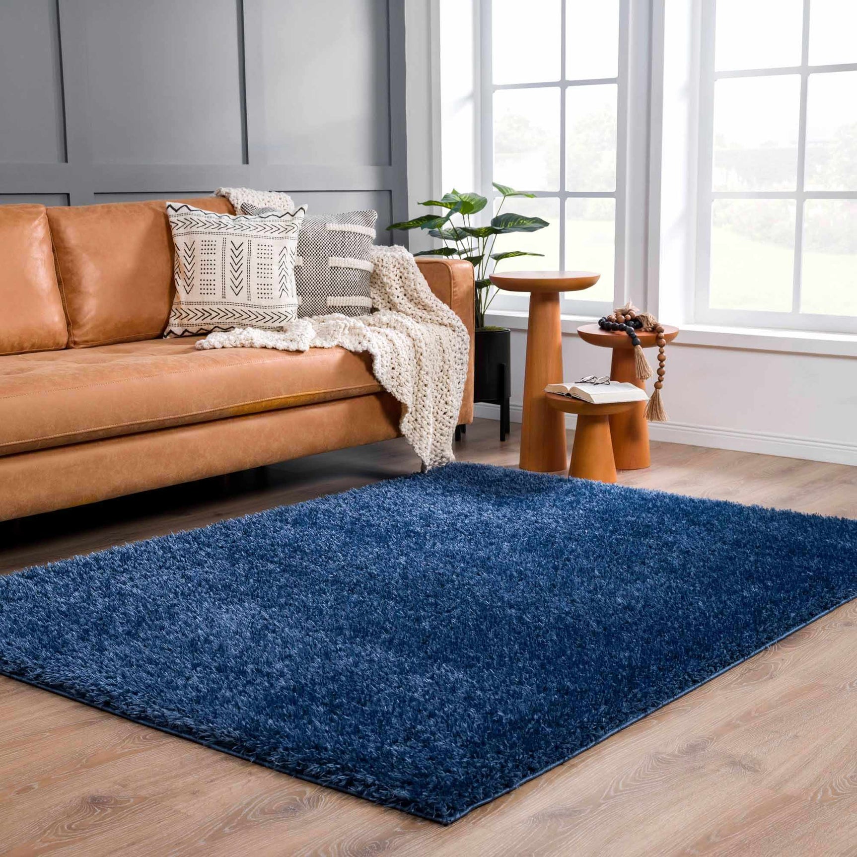 Faina Solid Dark Blue Shag Rug Washable - Ornate Home