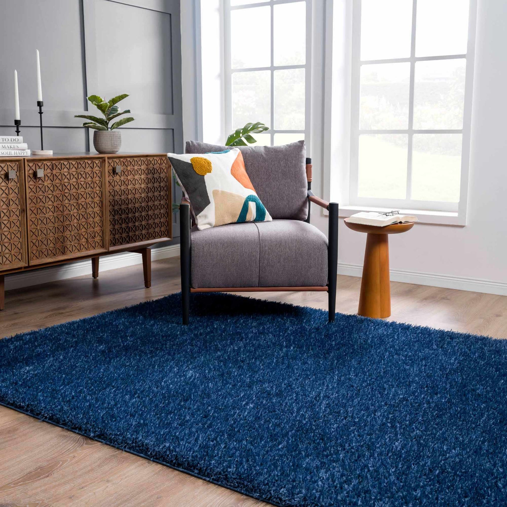 Faina Solid Dark Blue Shag Washable Area Rug - Clearance - Ornate Home