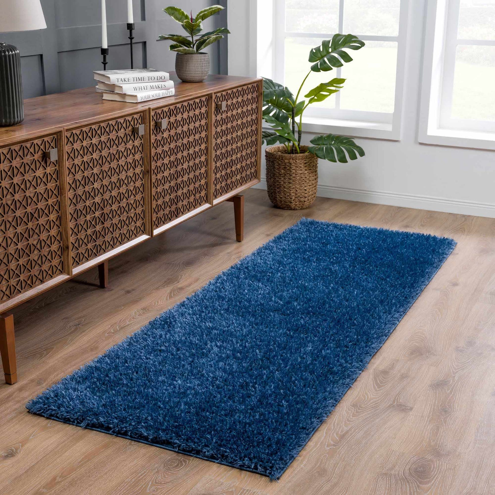 Faina Solid Dark Blue Shag Washable Area Rug - Clearance - Ornate Home