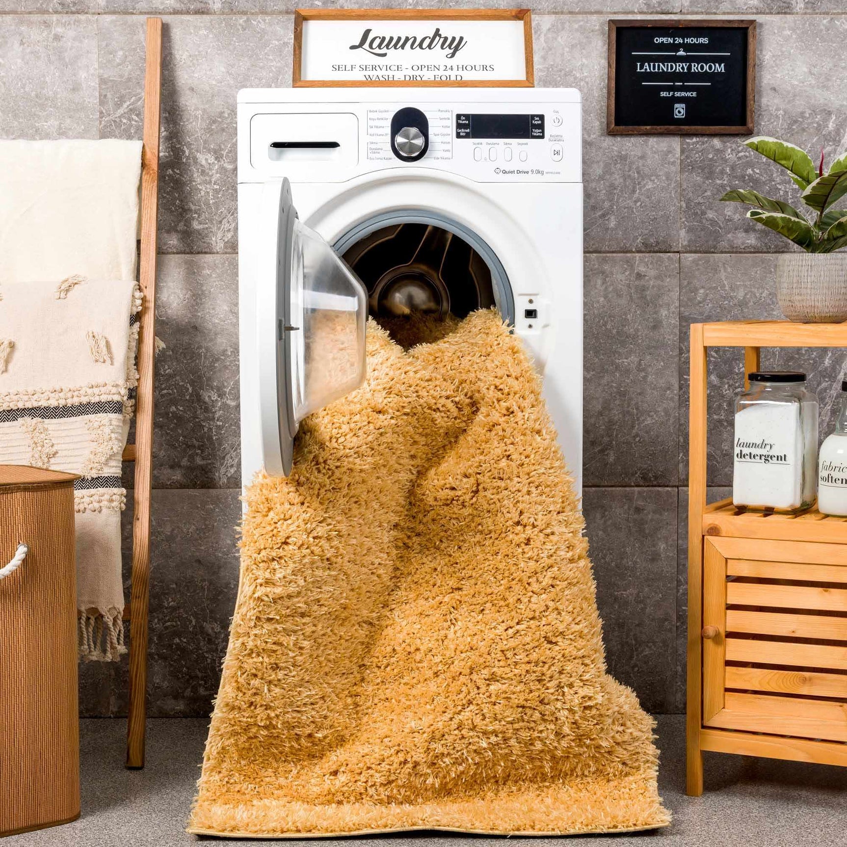 Faina Solid Gold Shag Rug Washable - Ornate Home