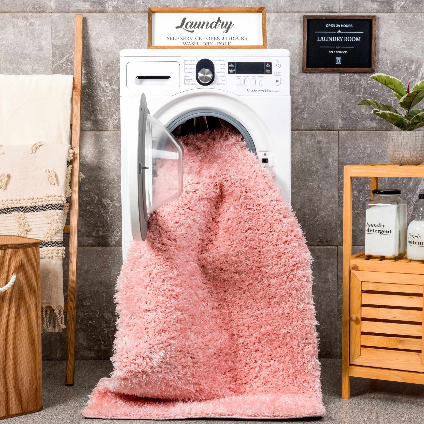 Faina Solid Pink Shag Rug Washable - Ornate Home