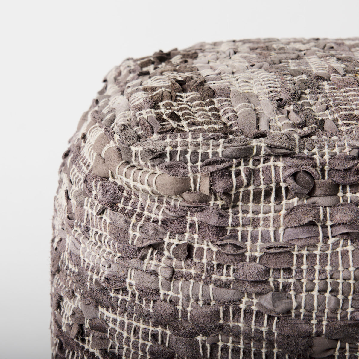 Falguni Gray Leather and Cotton Patterned Pouf - Ornate Home
