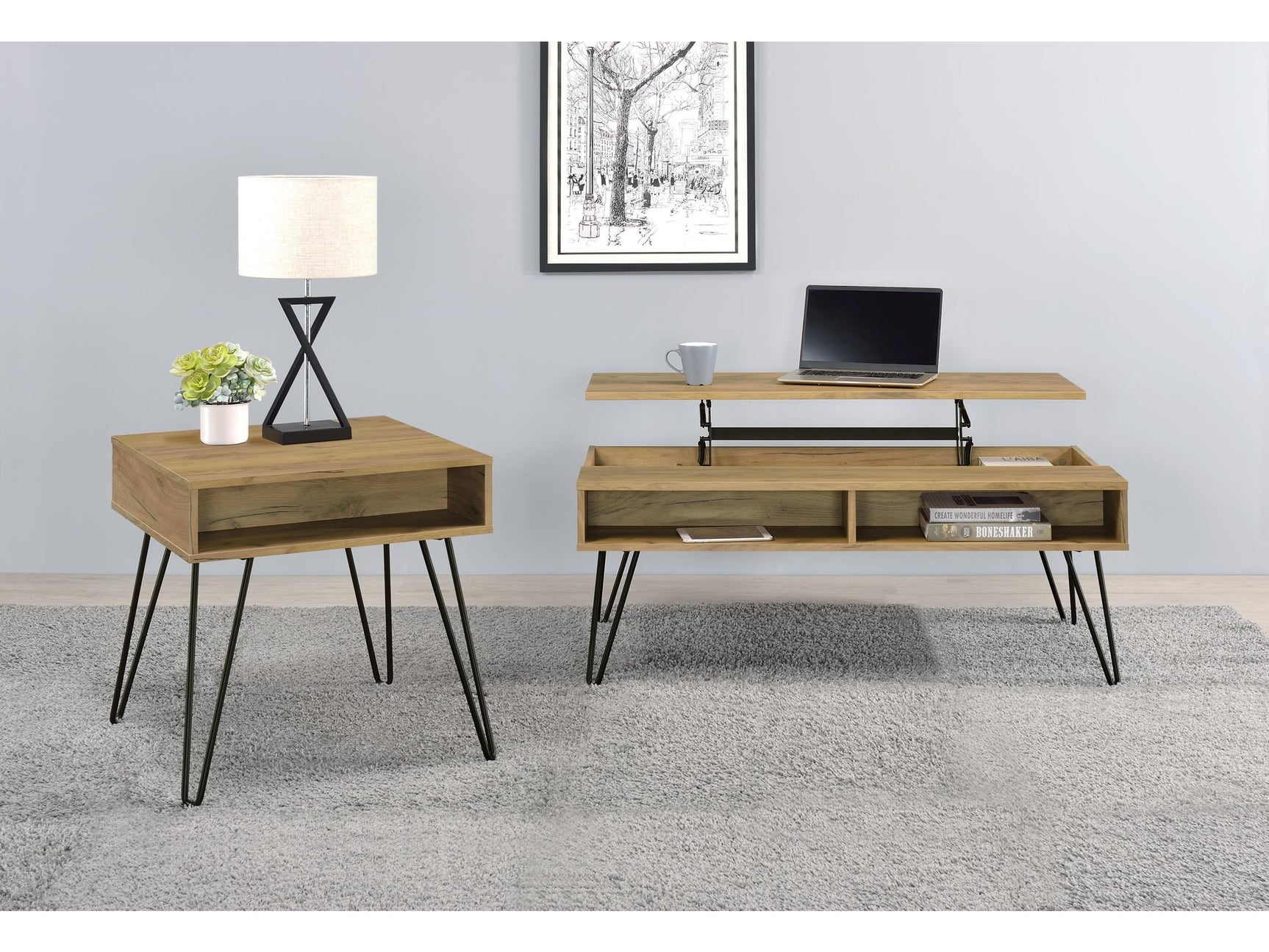 Fanning Golden Oak 2-piece Lift Top Coffee and End Table Set - Ornate Home