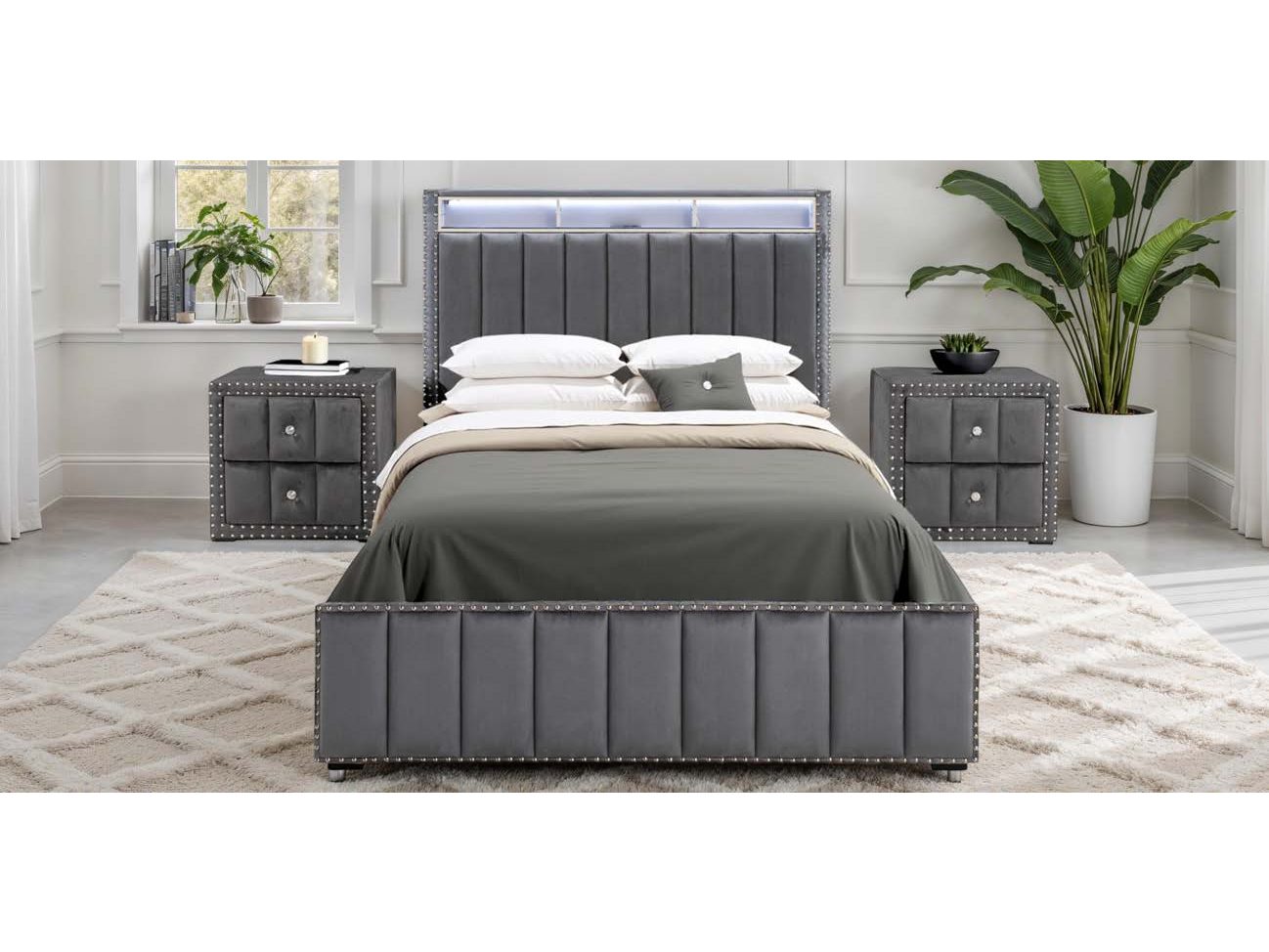 Farese Dark Gray Queen Bed w/ 2 Nightstands - Ornate Home