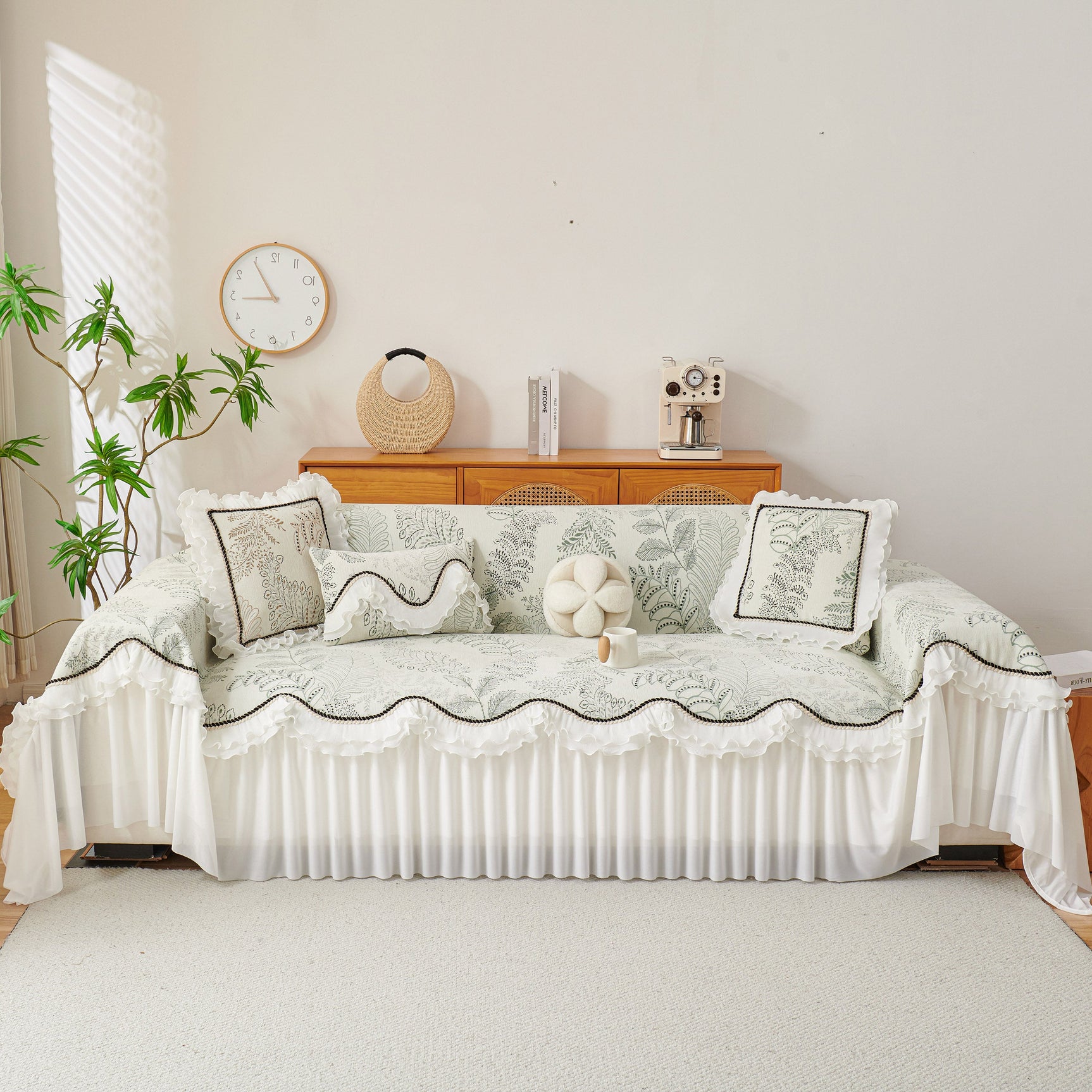 Farmhouse Ruffled Lace Sofa Slipcover Vintage Furniture Protector with Botanical Print - Ornate Home