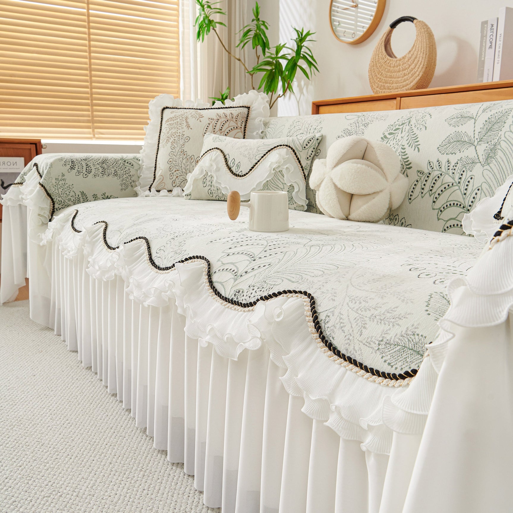 Farmhouse Ruffled Lace Sofa Slipcover Vintage Furniture Protector with Botanical Print - Ornate Home