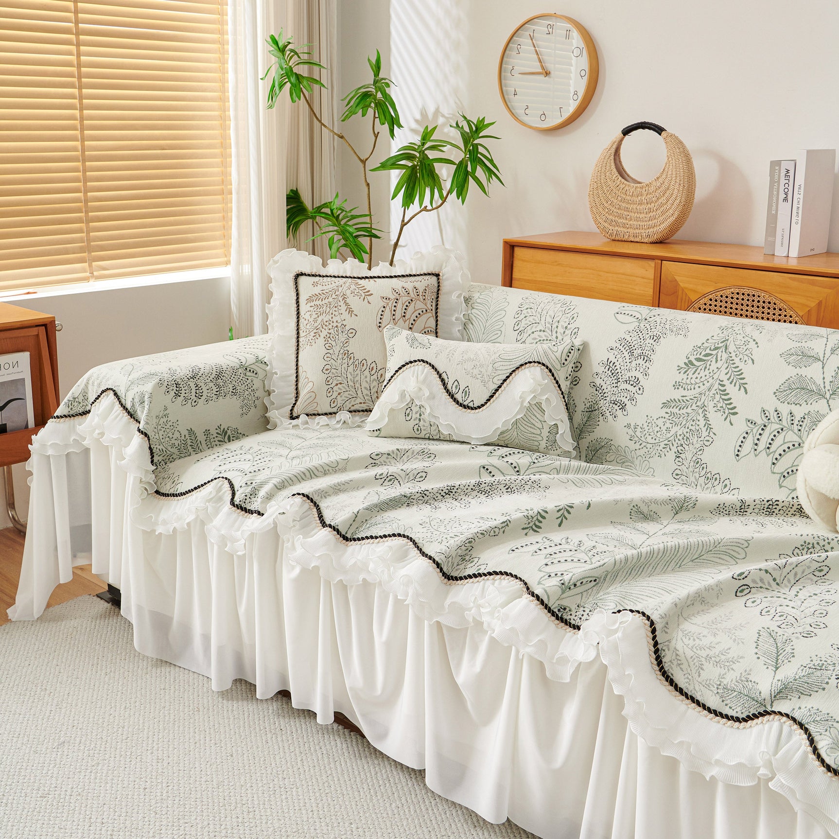 Farmhouse Ruffled Lace Sofa Slipcover Vintage Furniture Protector with Botanical Print - Ornate Home