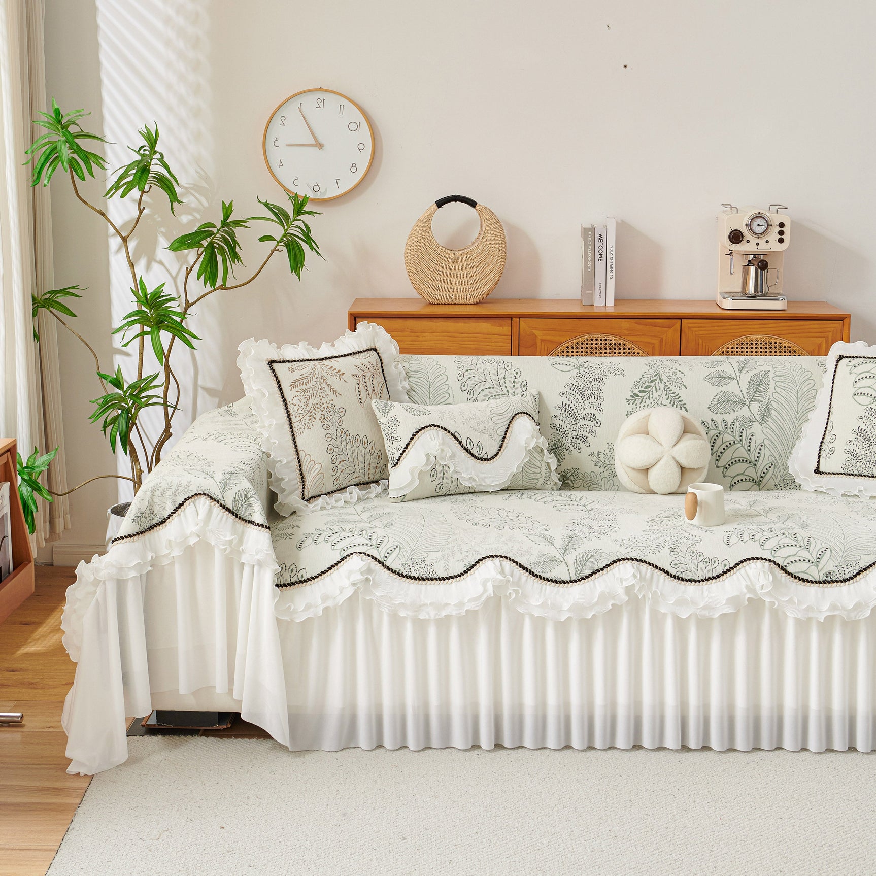Farmhouse Ruffled Lace Sofa Slipcover Vintage Furniture Protector with Botanical Print - Ornate Home
