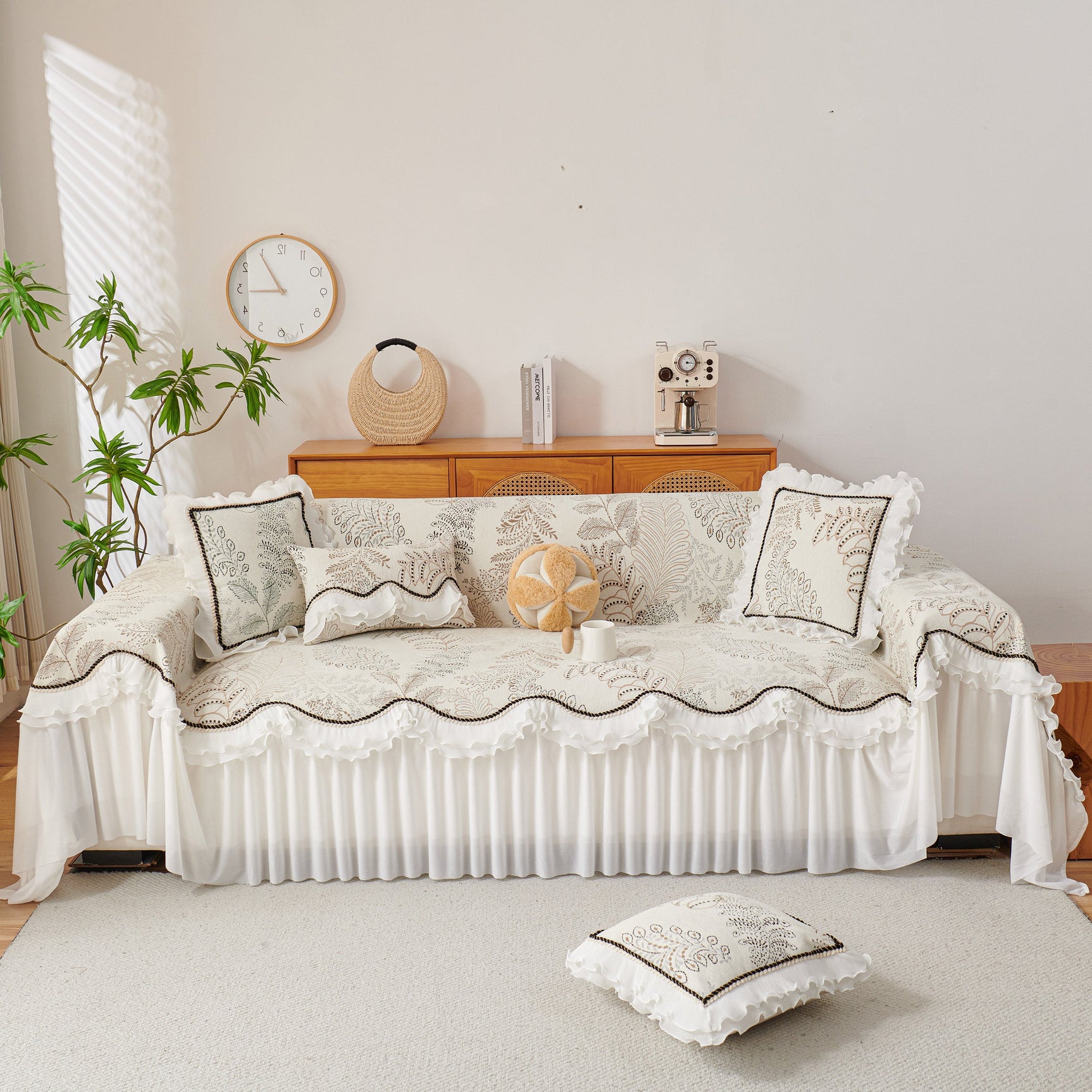 Farmhouse Ruffled Lace Sofa Slipcover Vintage Furniture Protector with Botanical Print - Ornate Home