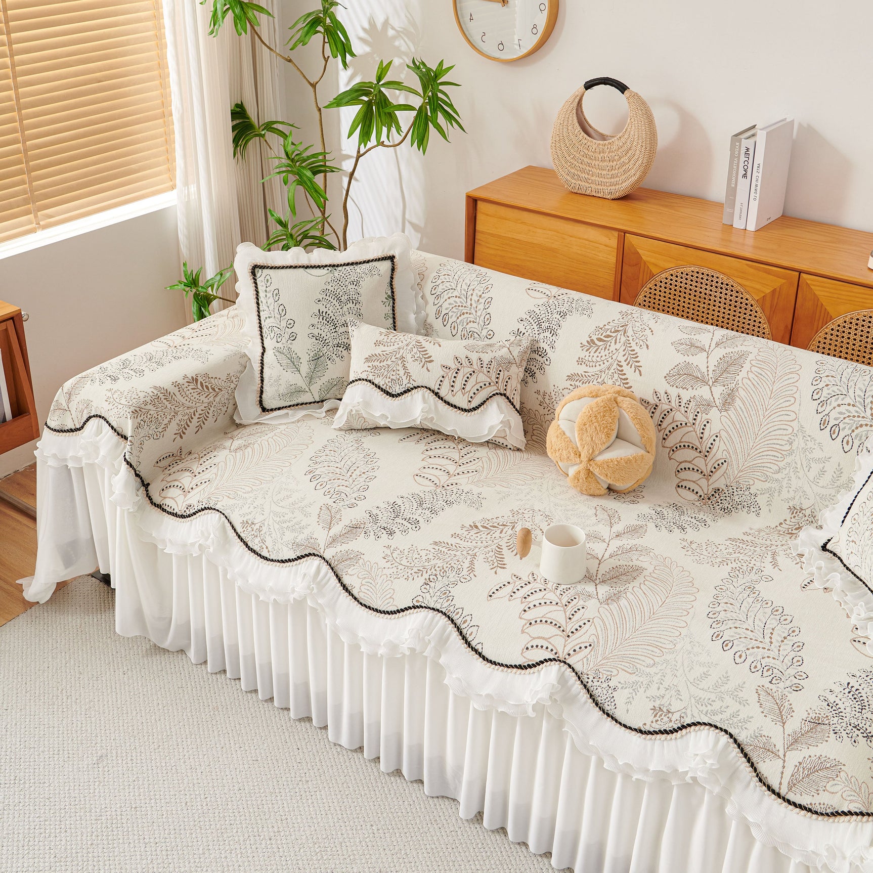 Farmhouse Ruffled Lace Sofa Slipcover Vintage Furniture Protector with Botanical Print - Ornate Home