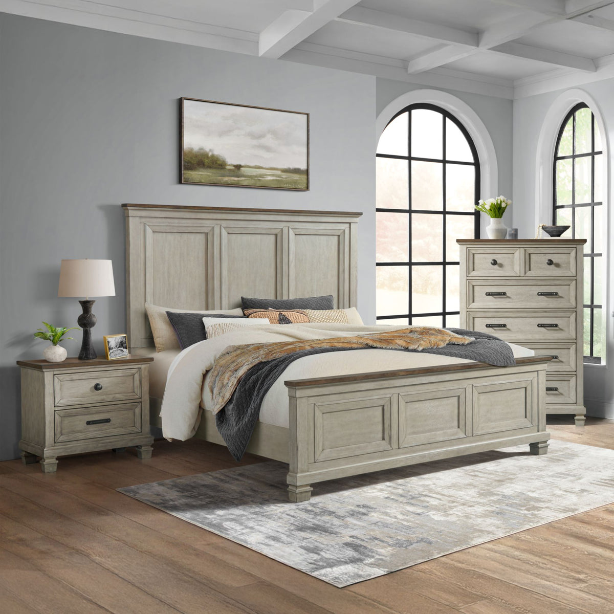 Farmington Medium Brown/Washed Stone 3-Piece King Panel Bedroom Set - Ornate Home