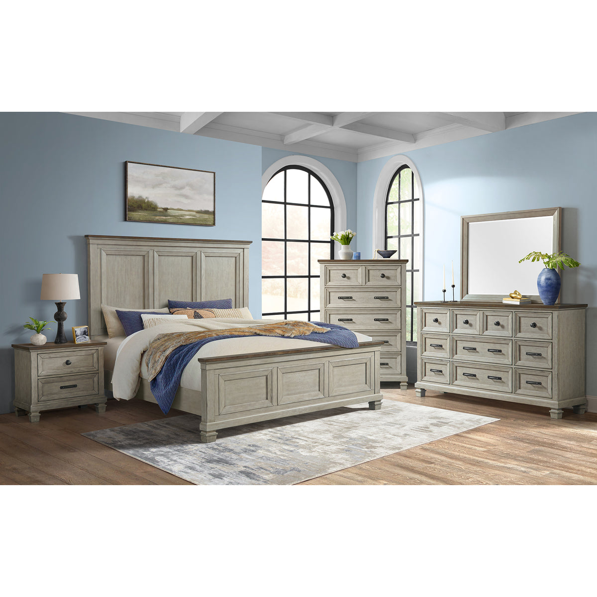 Farmington Medium Brown/Washed Stone 5-Piece Queen Panel Bedroom Set - Ornate Home