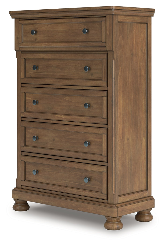 Feddinger Medium Brown Queen Sleigh Bedroom Set with Dresser, Mirror, Chest and Nightstand - Ornate Home