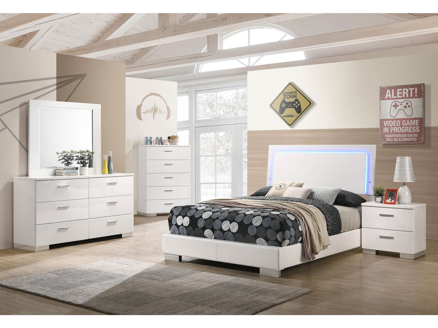 Felicity White High Gloss 4-piece Full Bedroom Set with LED Bed - Ornate Home