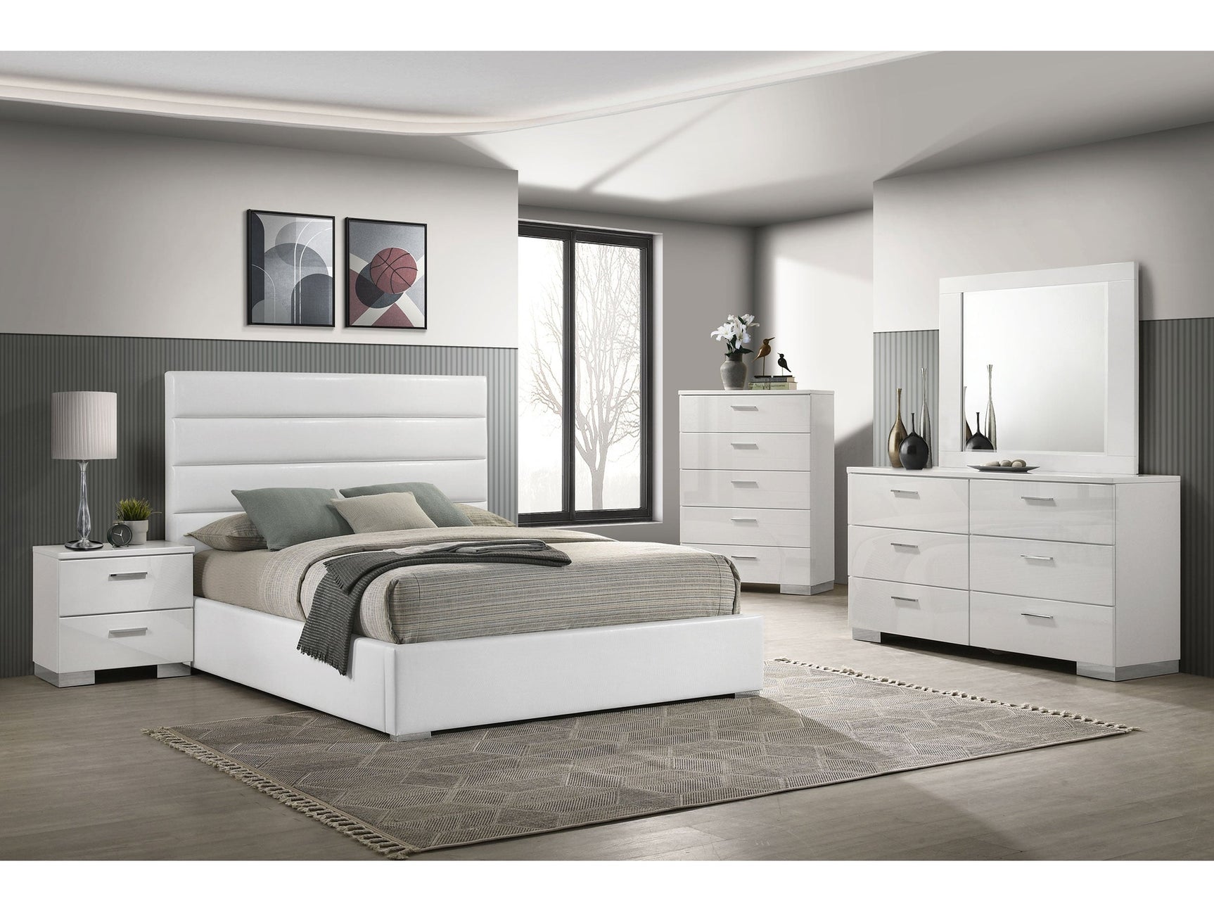 Felicity White High Gloss 5-piece California King Bedroom Set - Ornate Home