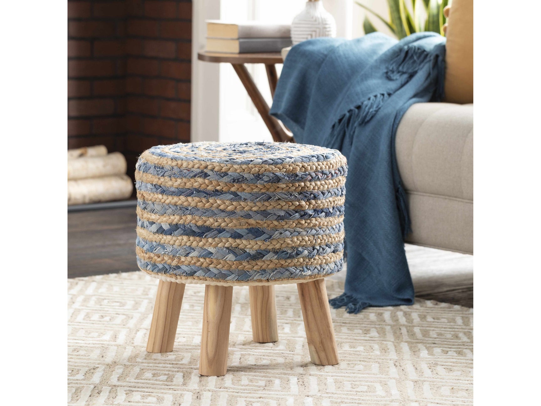 Fermont Hand Crafted Denim Jute Ottoman - Ornate Home