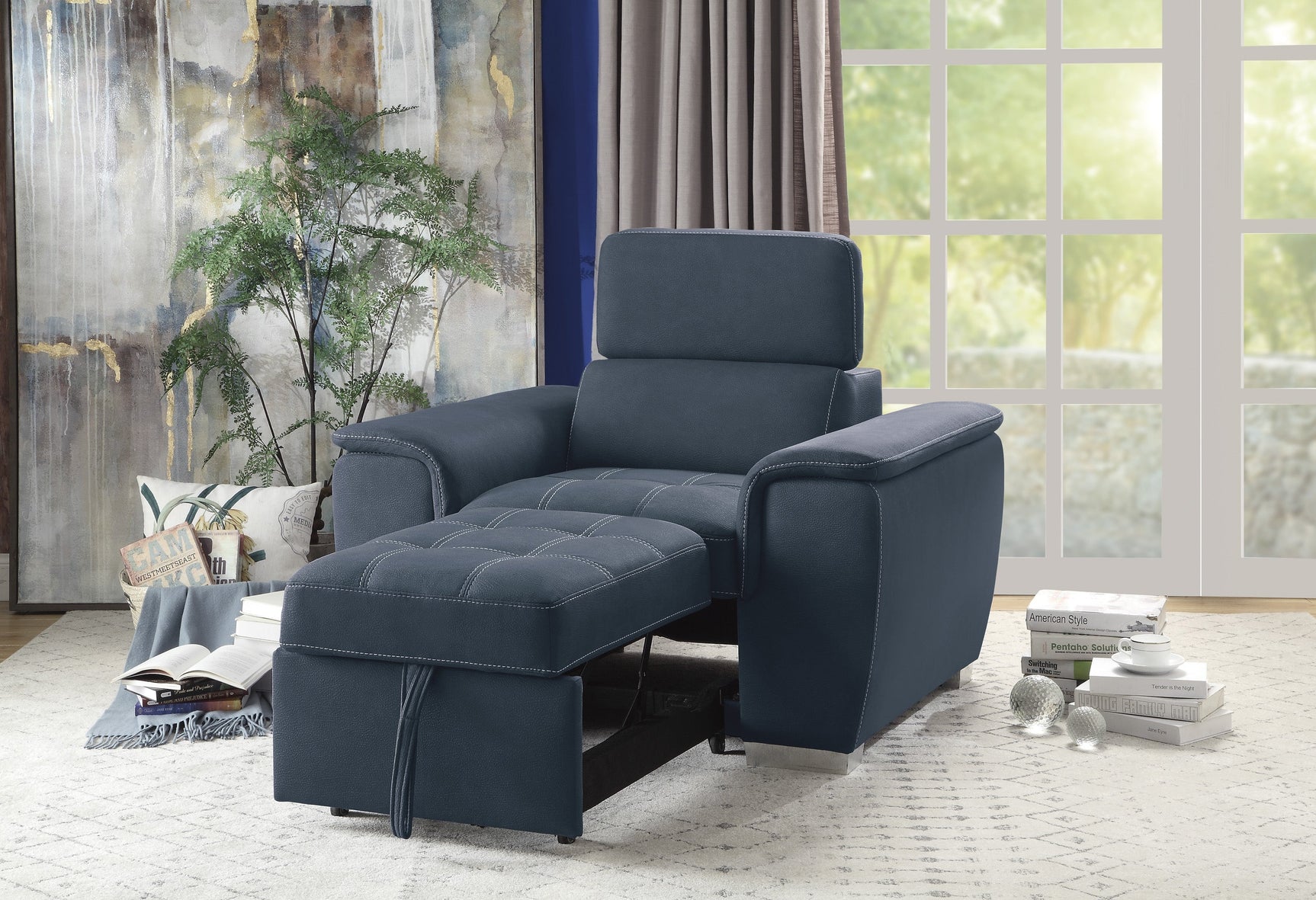 Ferriday Blue Chair with Pull-out Ottoman - Ornate Home