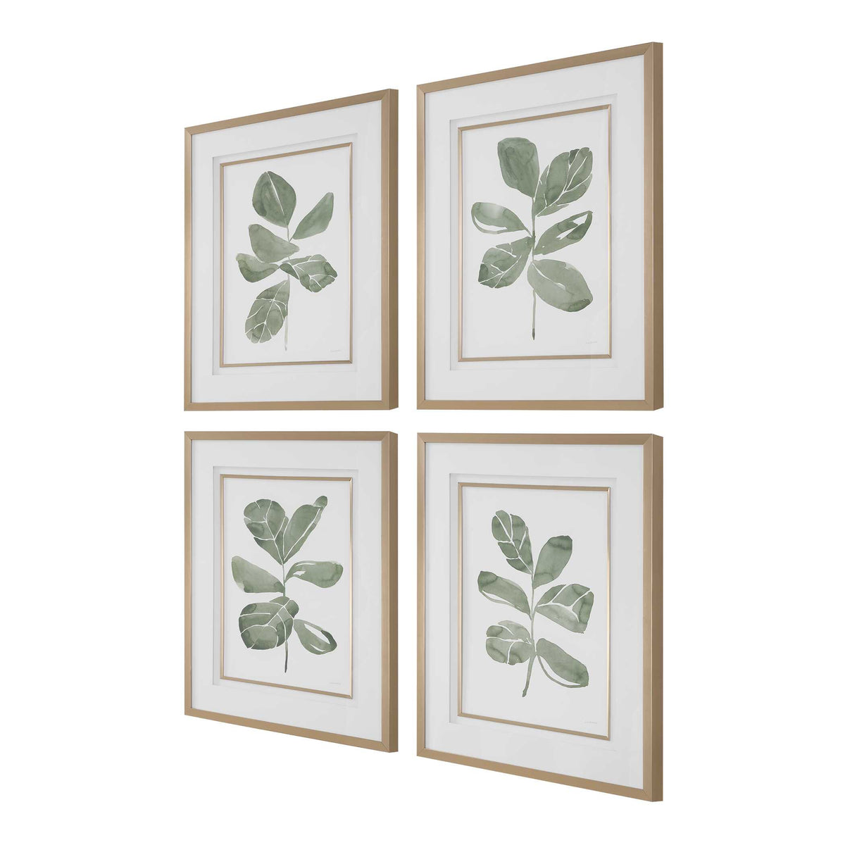 Fiddle Head Gold/Green/White Leaf Botanical Prints (Set of 4) - Ornate Home