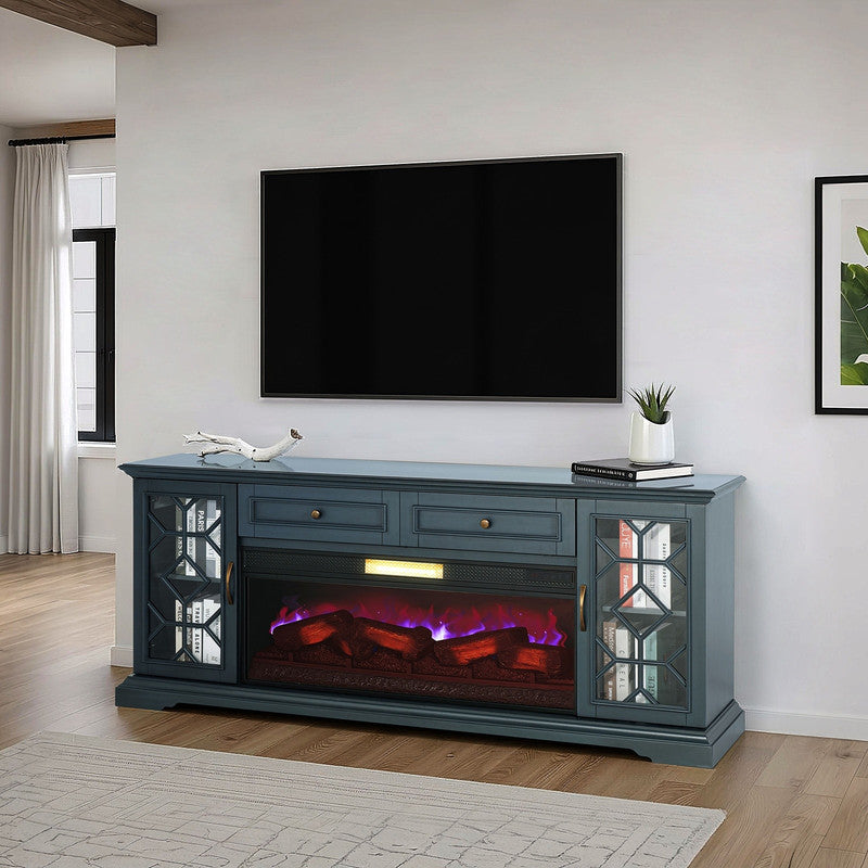 Fidel Dark Blue 74'' TV Console w/ Electric Fireplace - Ornate Home