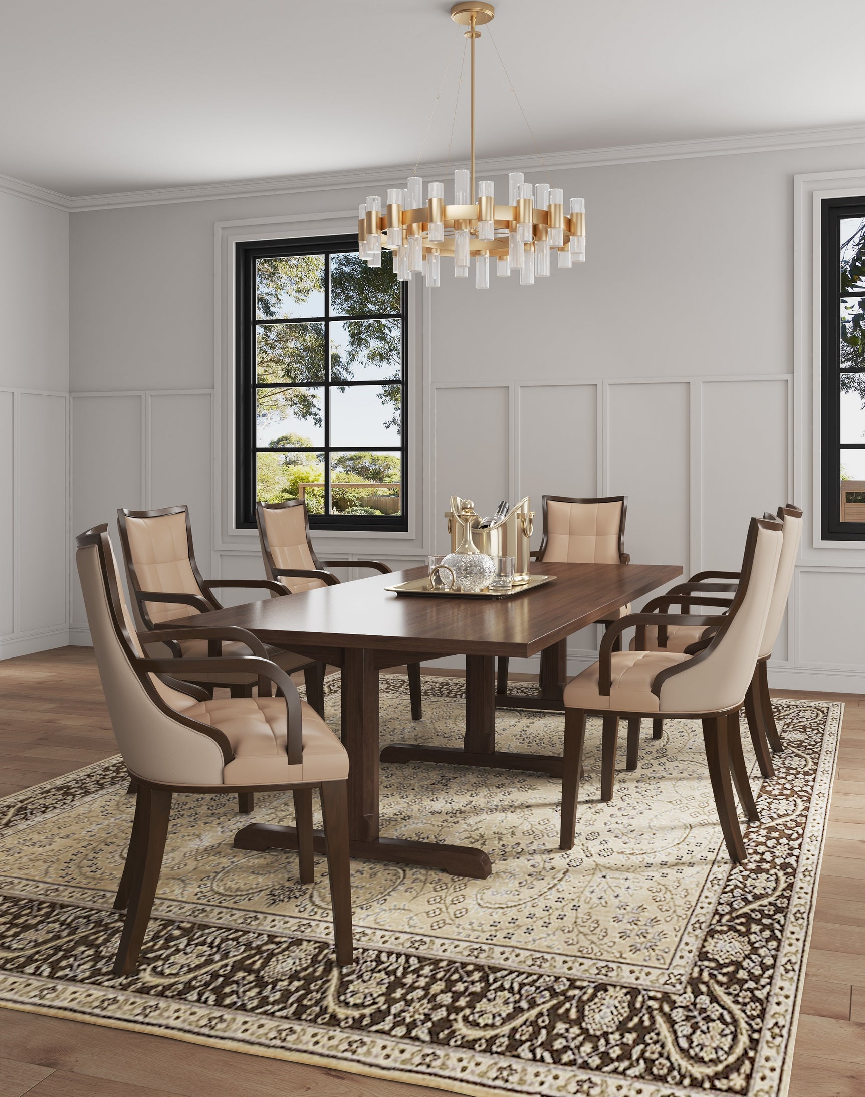 Fifth Avenue Faux Leather and Velvet Dining Armchair in Tan and Walnut (set of 2) - Ornate Home