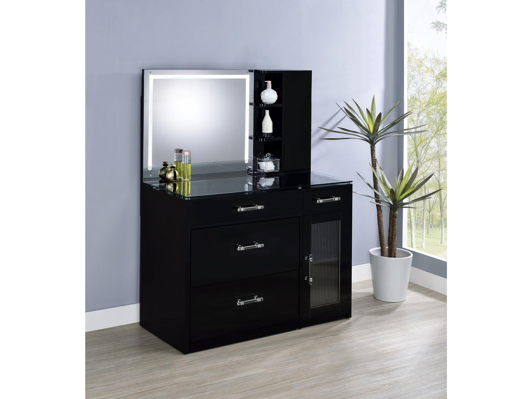 Flora Black High Gloss 2-drawer Vanity Set with LED Mirror - Ornate Home