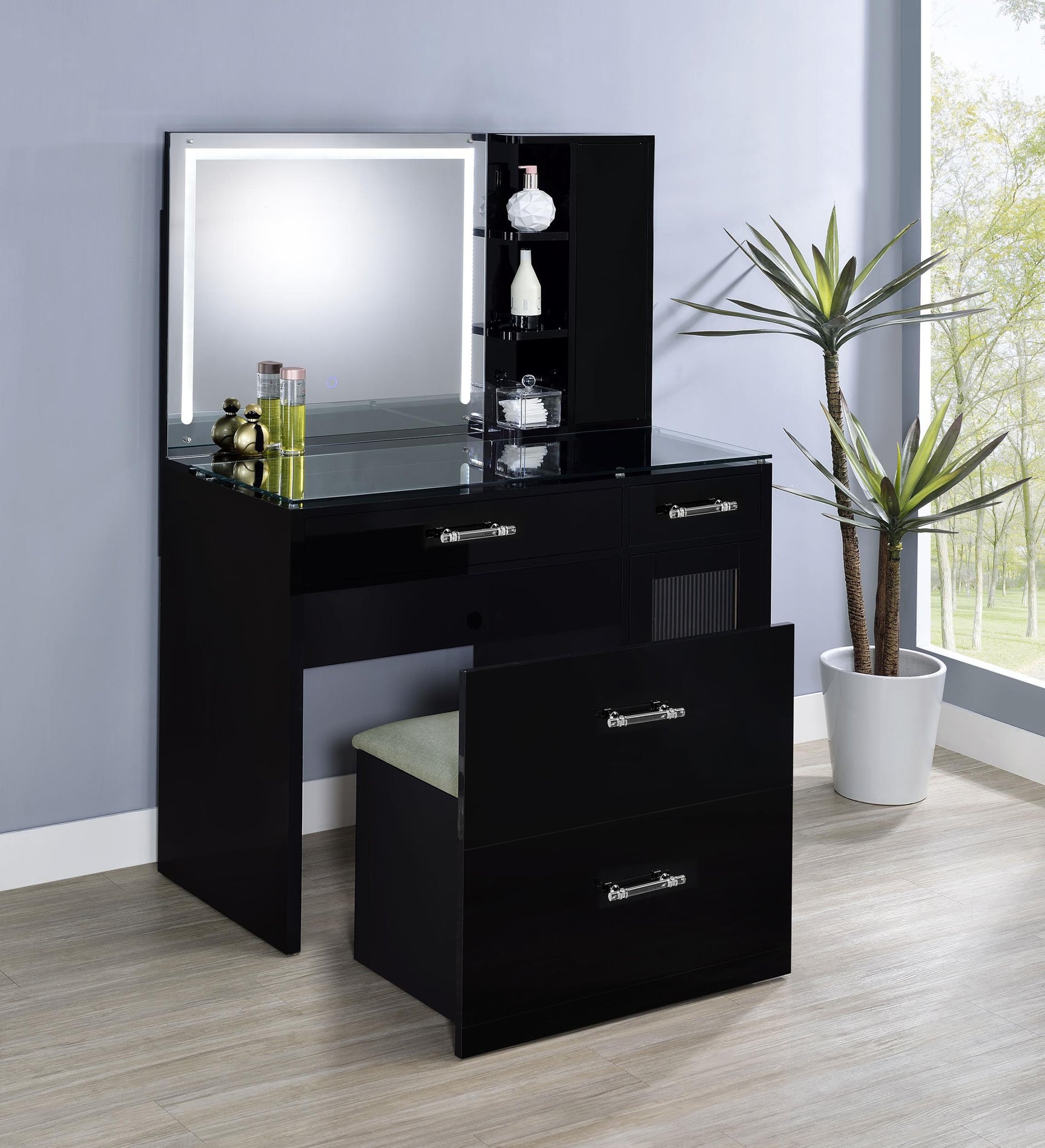 Flora Black High Gloss 2-drawer Vanity Set with LED Mirror - Ornate Home