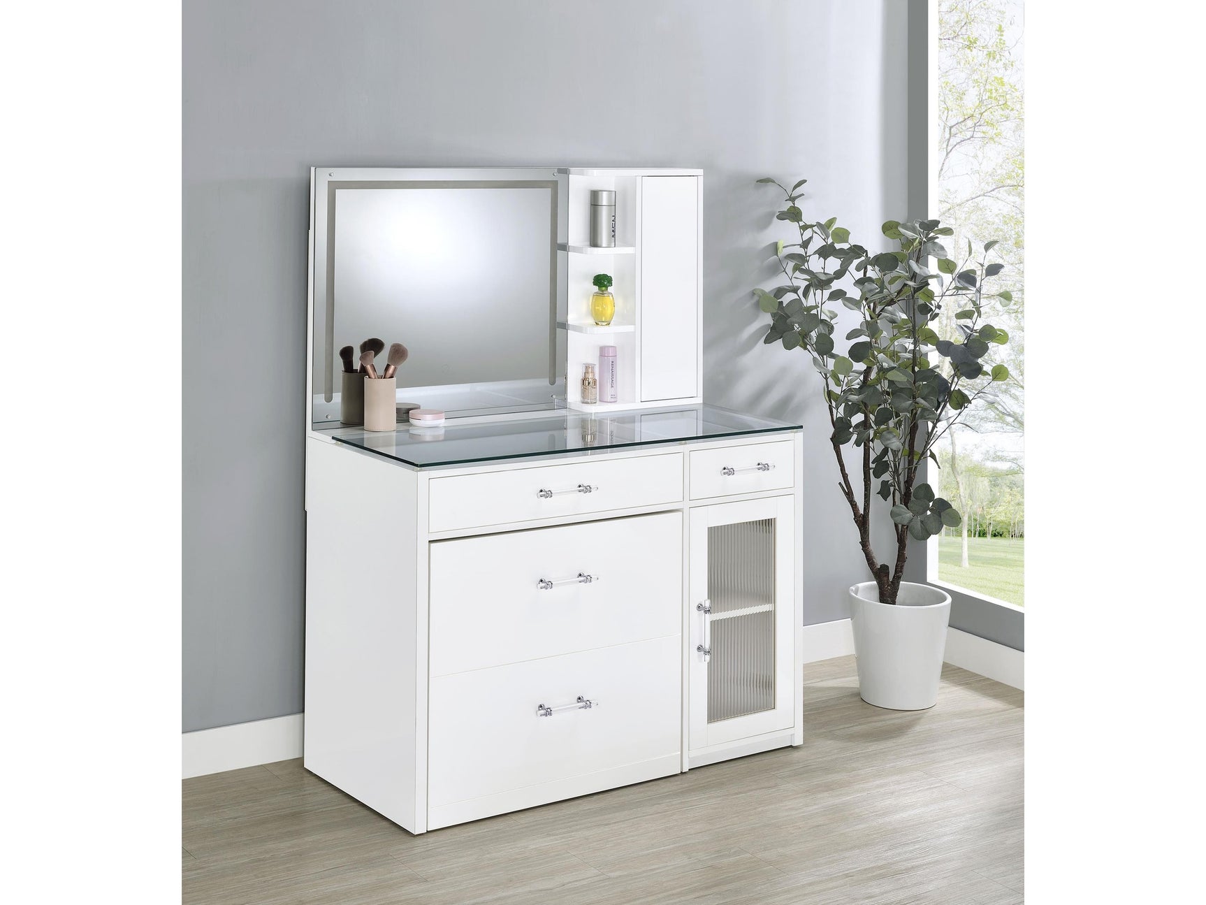 Flora White High Gloss 2-drawer Vanity Set with LED Mirror - Ornate Home