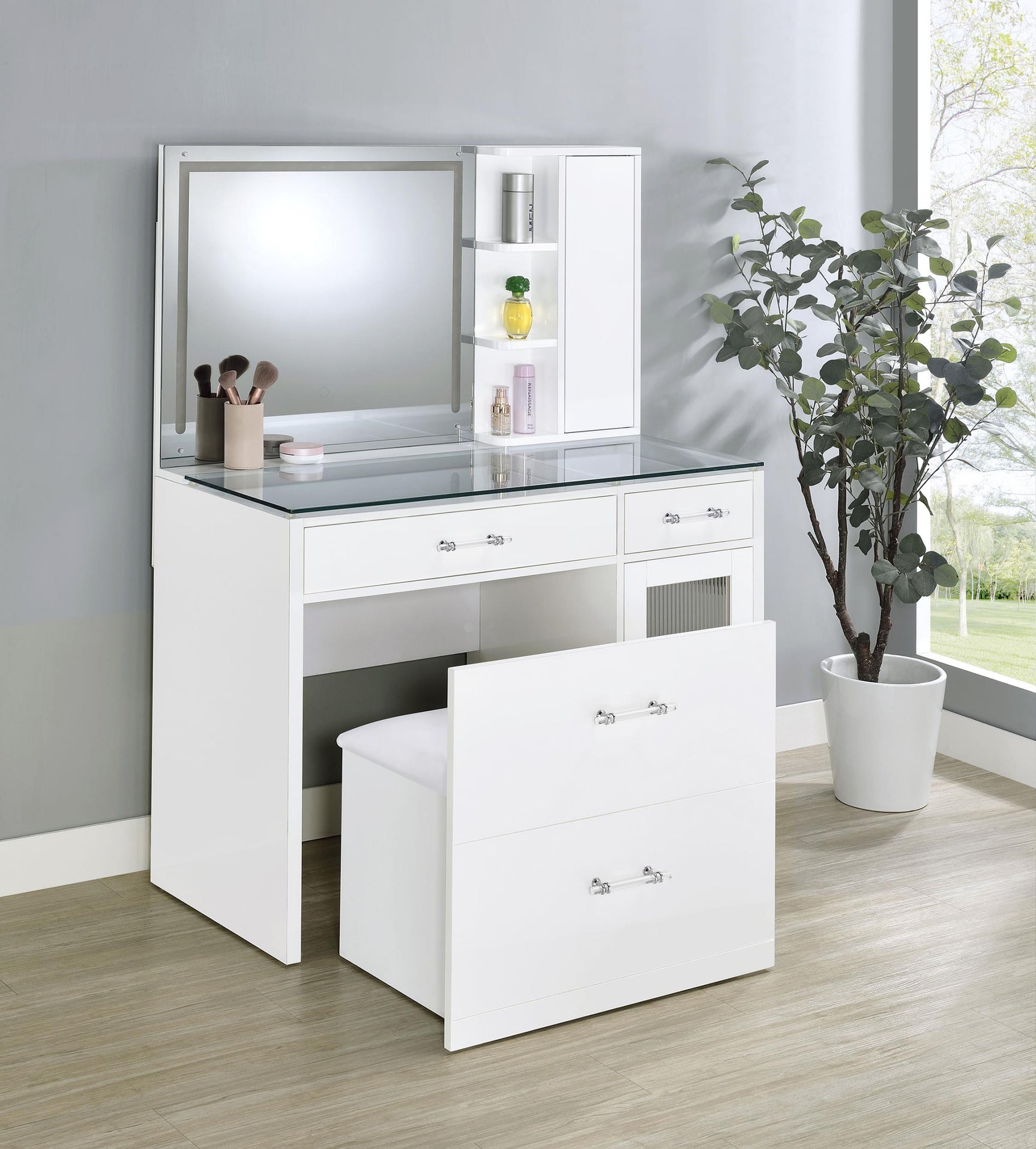 Flora White High Gloss 2-drawer Vanity Set with LED Mirror - Ornate Home